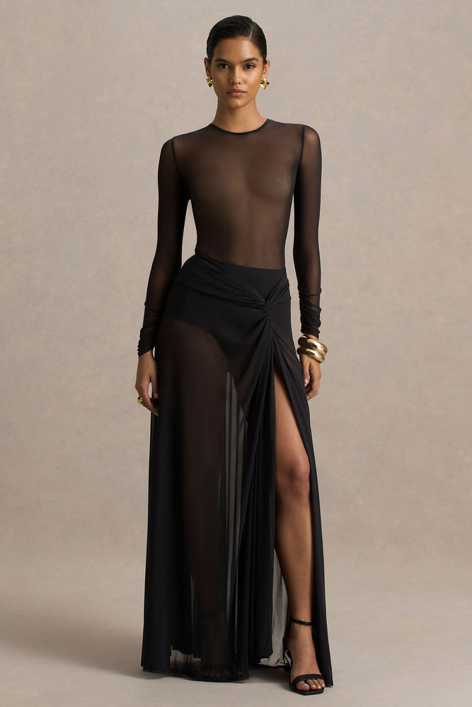 Koami Black Mesh Long-Sleeve Ruched Maxi Dress With High Split – Club L  London