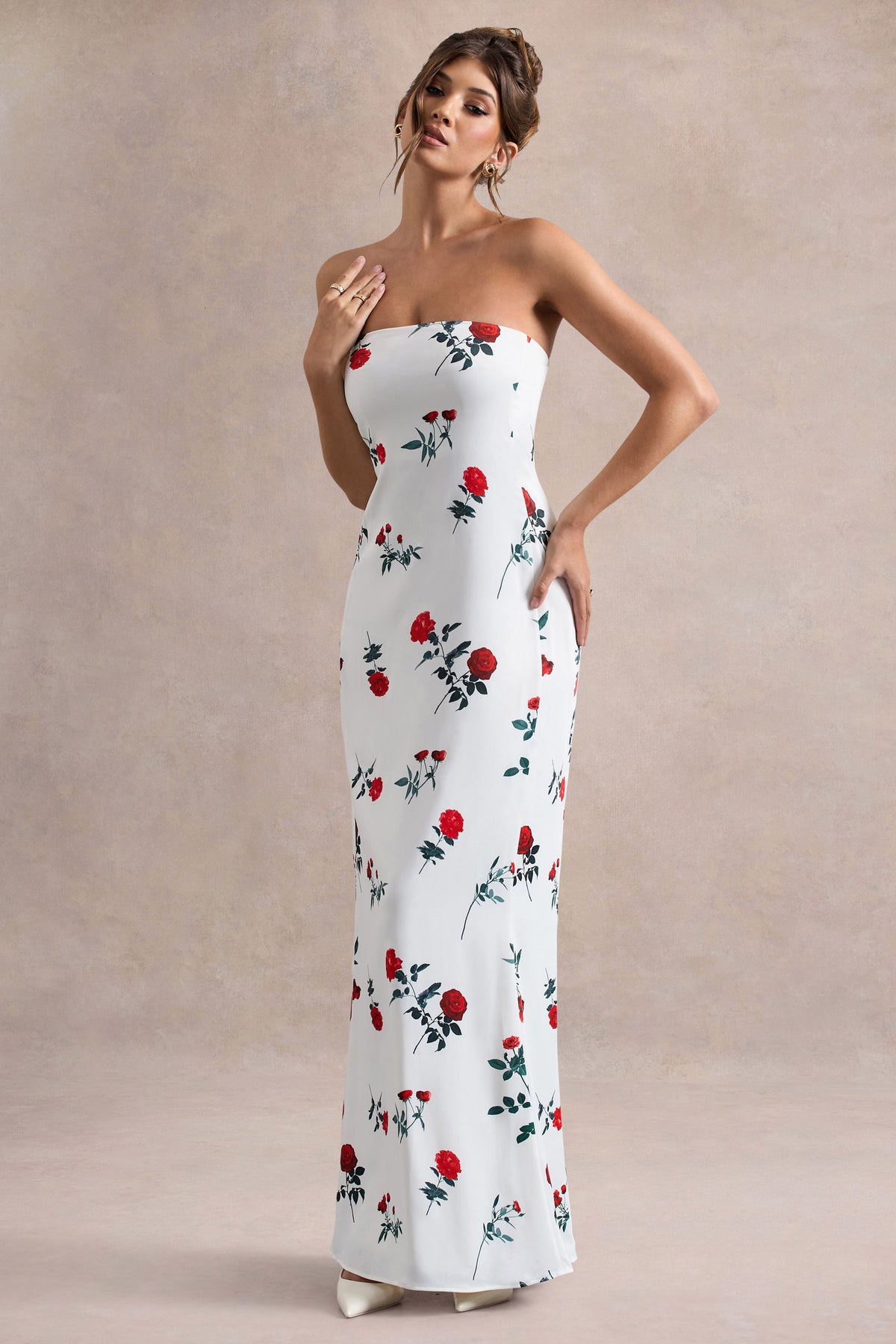 Azra Rose Print Satin Bandeau Maxi Dress Club L London - USA Azra Rose Print Satin Bandeau Maxi Dress Club L London - USA