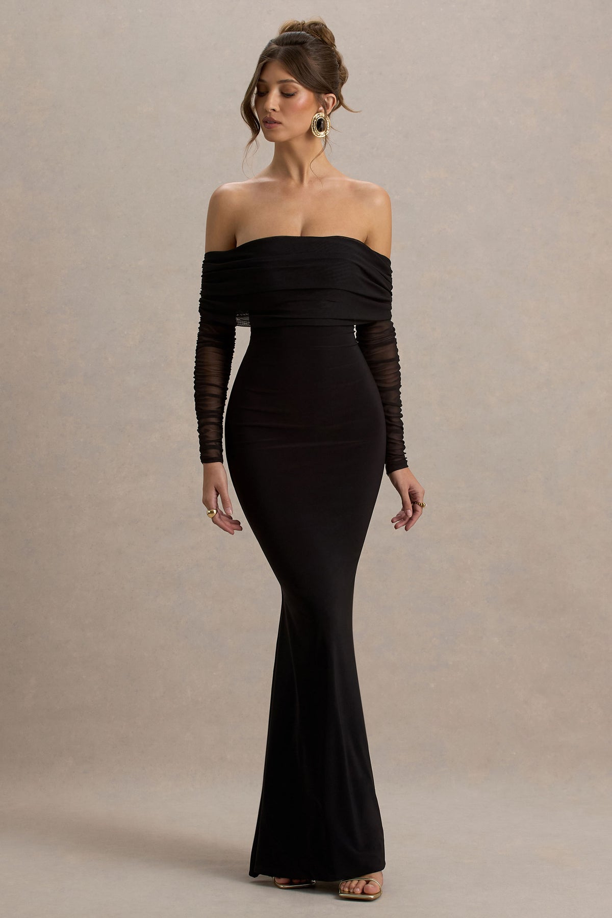 Madeleine | Black Fishtail Maxi Dress With Bardot Mesh Long Sleeves - UK 12 Black Madeleine | Black Fishtail Maxi Dress With Bardot Mesh Long Sleeves - UK 12 Black