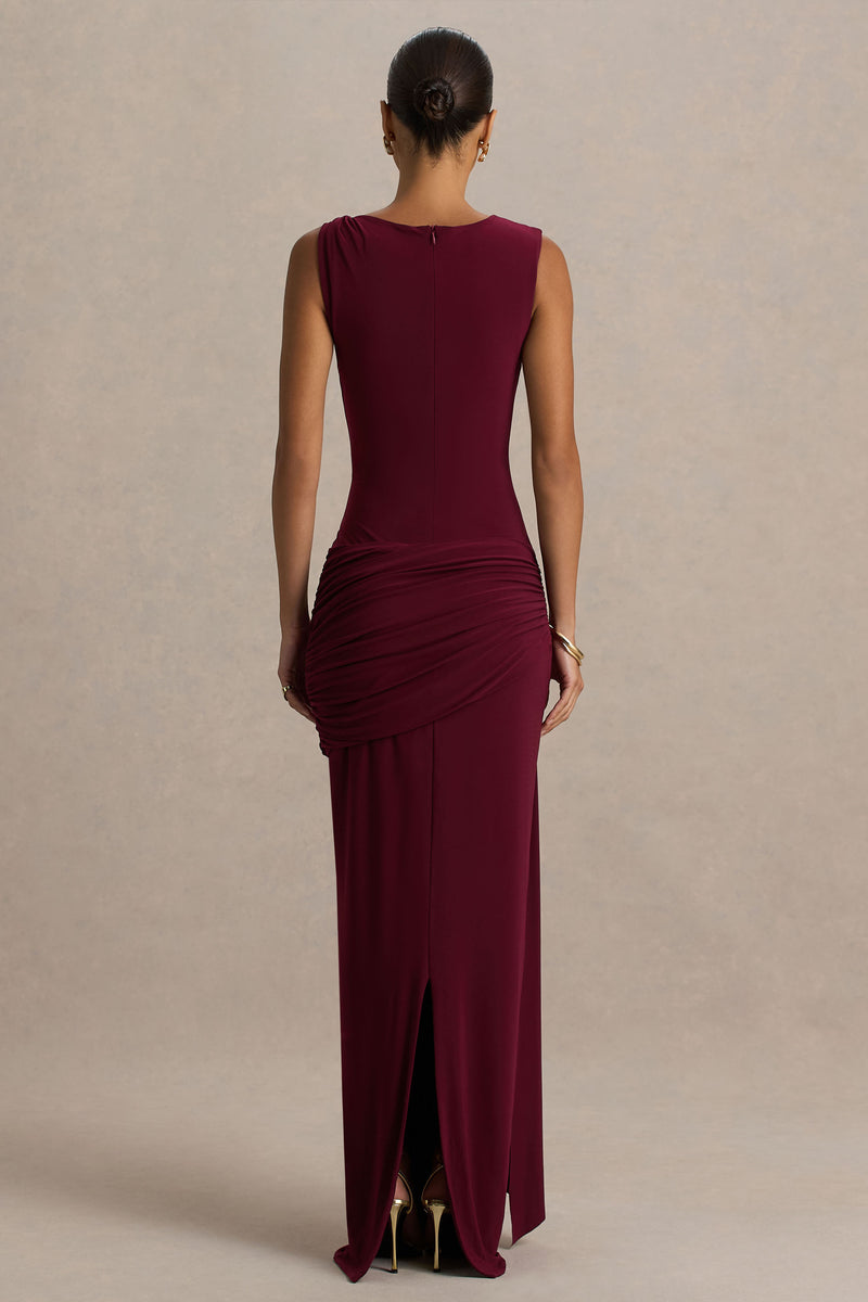 Decadence Burgundy High-Neck Wrapped Maxi Dress With Twist-Sleeve ...