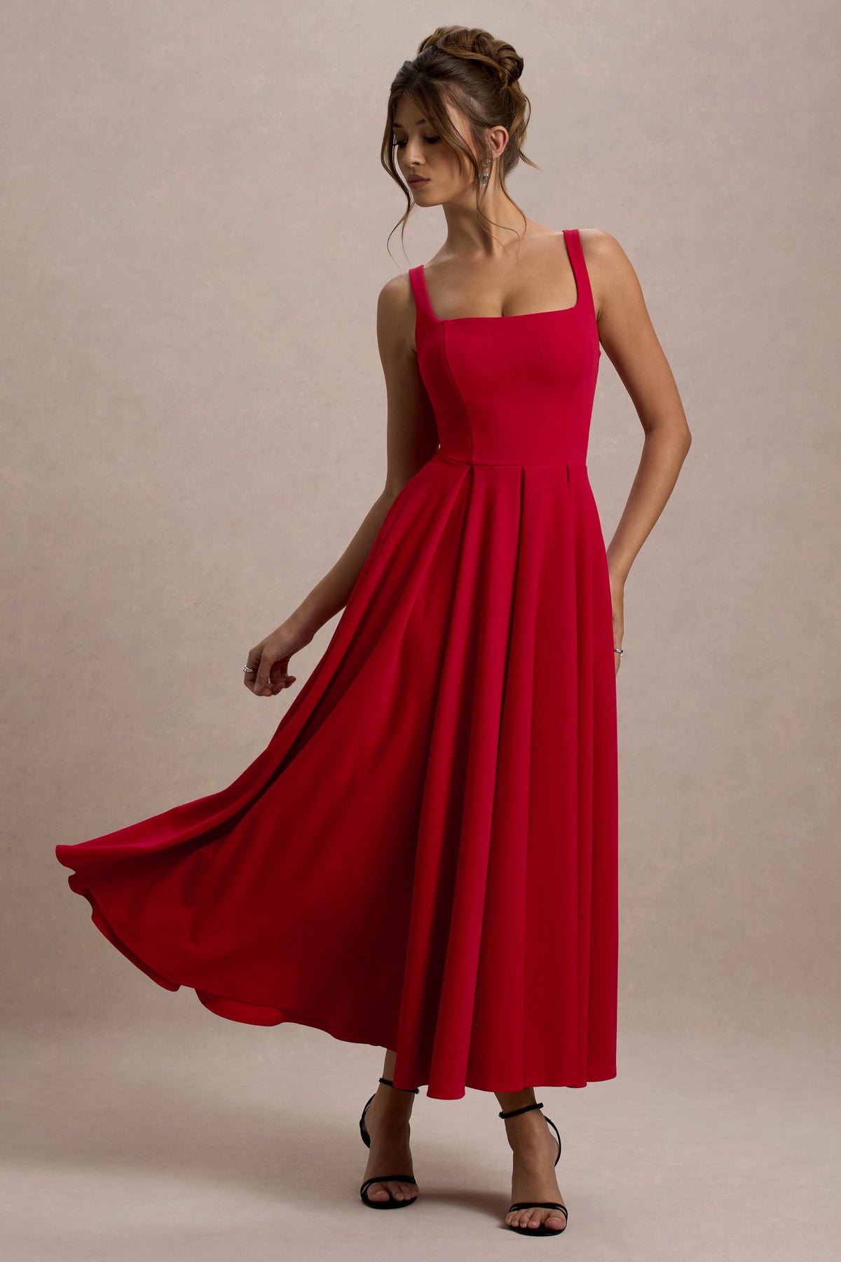 Parina Red Strappy Volume-Hem Midi Dress Club L London - USA Parina Red Strappy Volume-Hem Midi Dress Club L London - USA