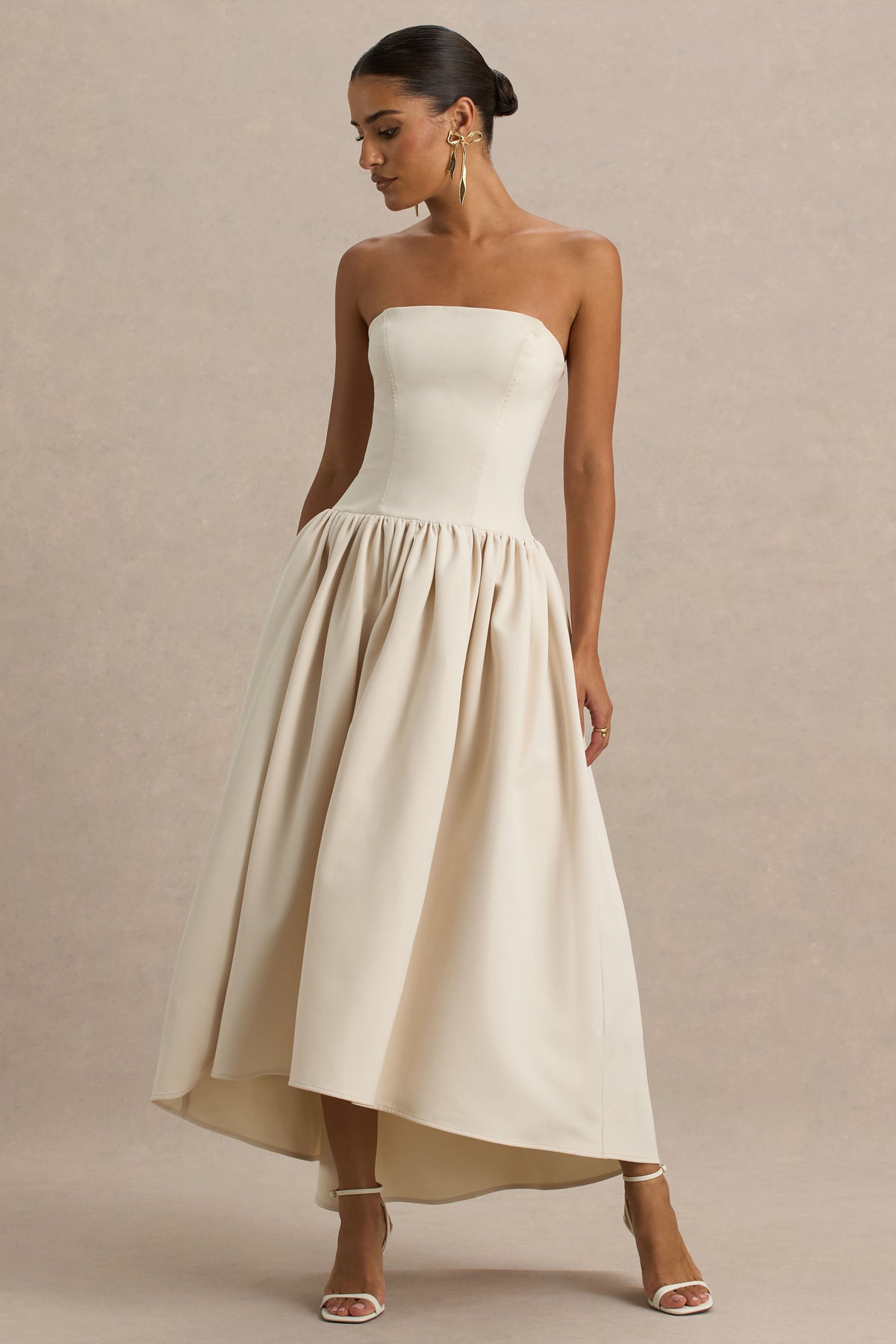 Candice Cream Bandeau Volume Midi Dress With Back Bow Detail Club L London - USA Candice Cream Bandeau Volume Midi Dress With Back Bow Detail Club L London - USA