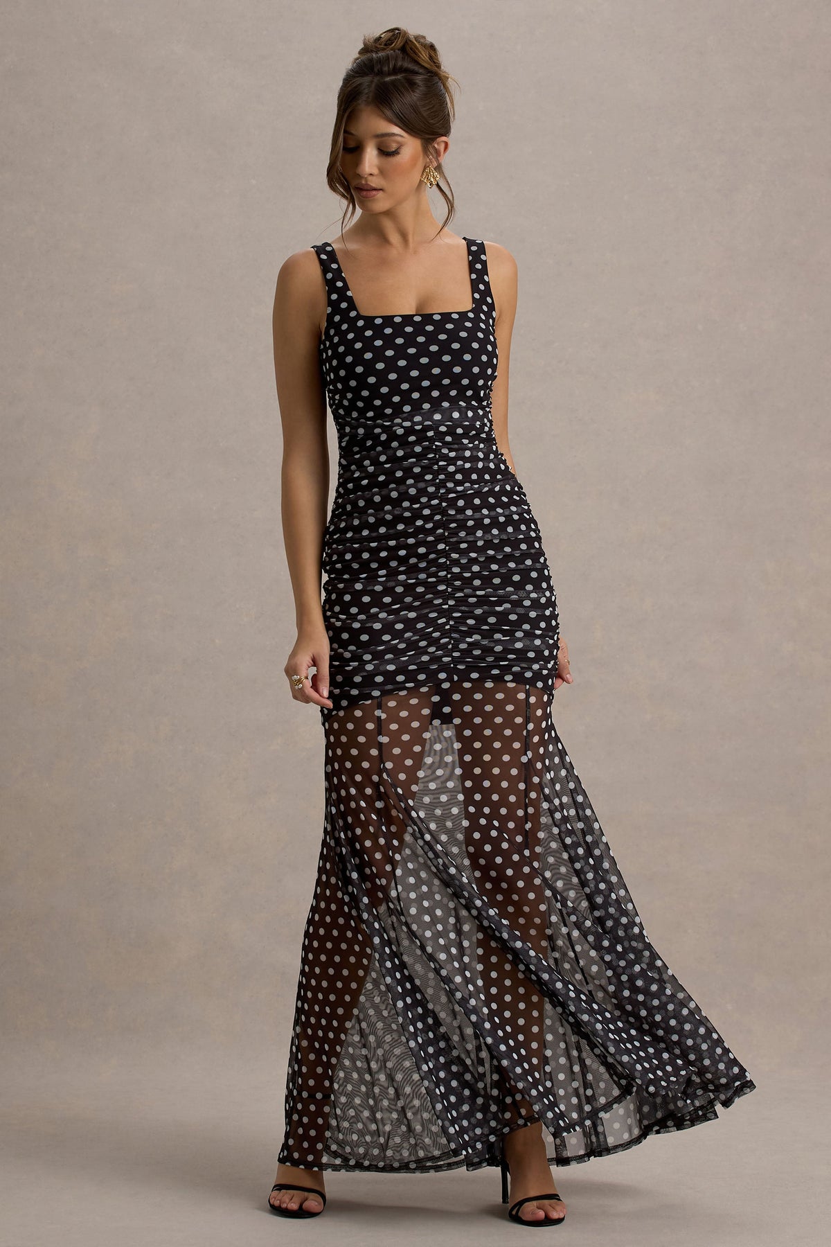 Galaxia | Black & White Polka Dot Maxi Dress With Mesh Skirt Galaxia | Black & White Polka Dot Maxi Dress With Mesh Skirt