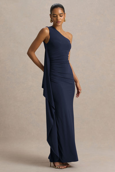 Adelina Navy One-Shoulder Maxi Dress With Drape Club L London - USA Adelina Navy One-Shoulder Maxi Dress With Drape Club L London - USA