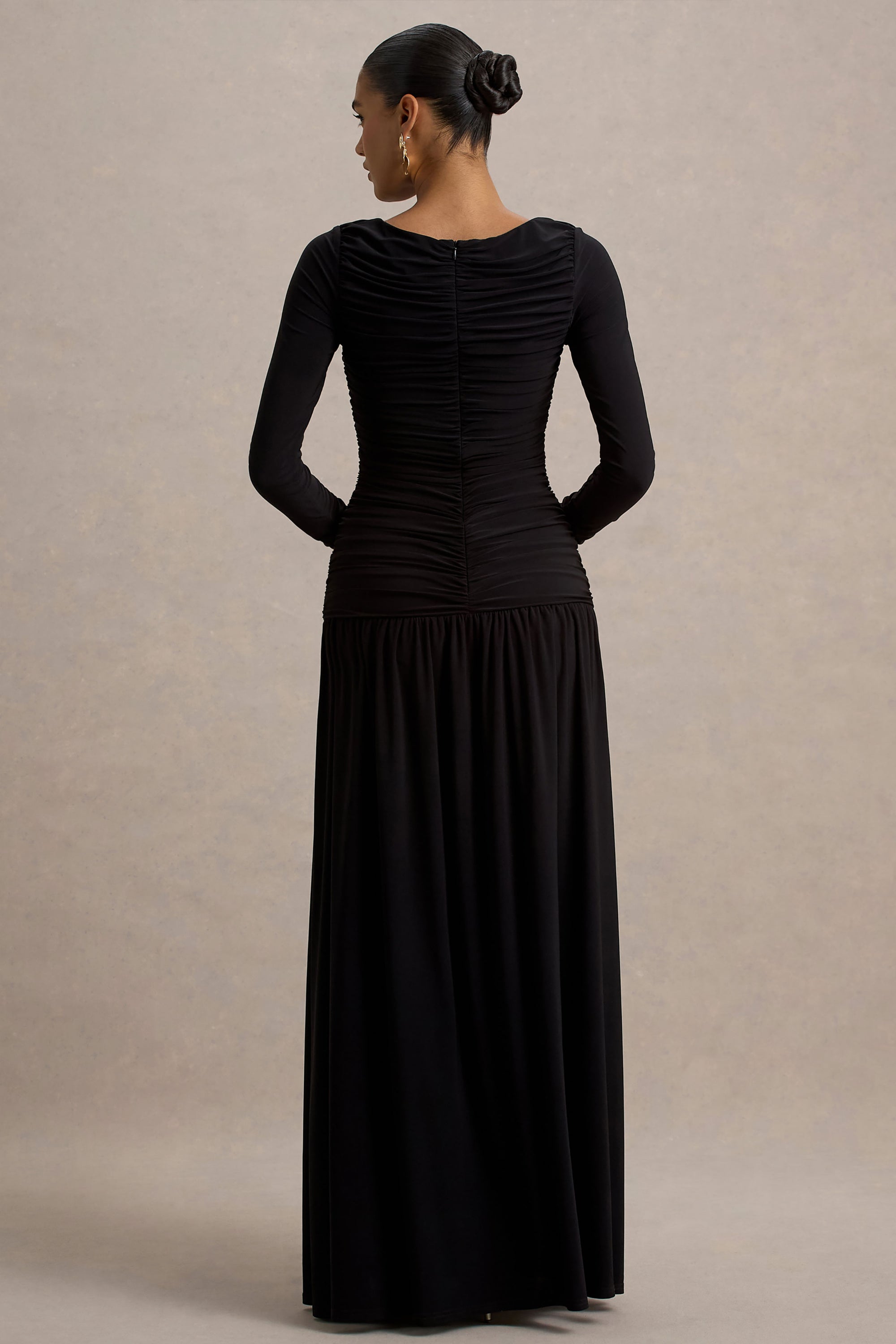 aniyah dress club london Aniyah | Black High-Neck Maxi Dress With Ruched Detailing Club L London