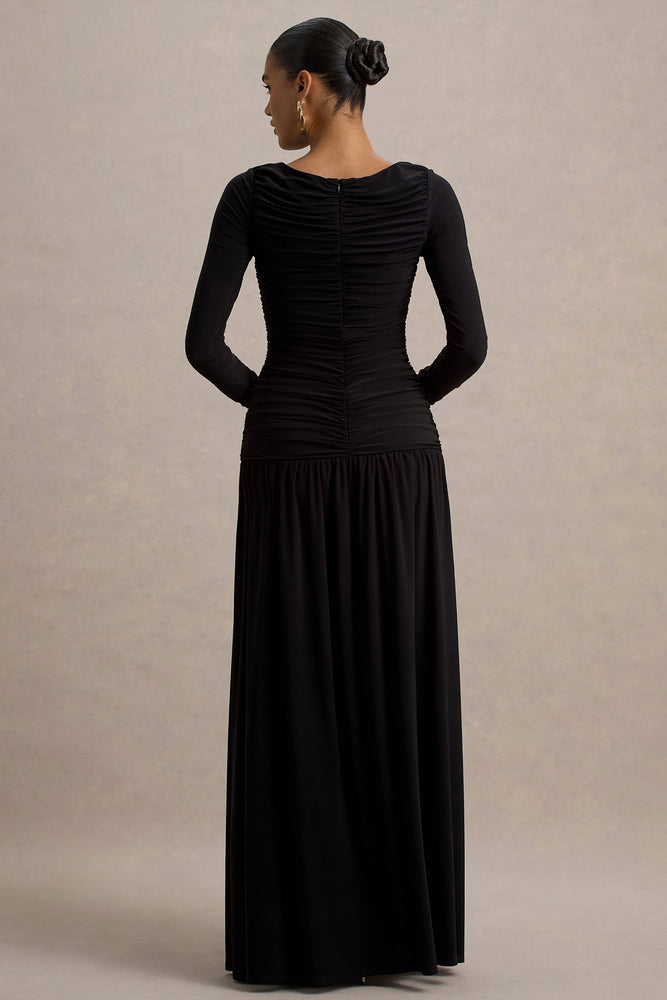 chinese dress ladies Aniyah | Black High-Neck Maxi Dress with Ruched Detailing