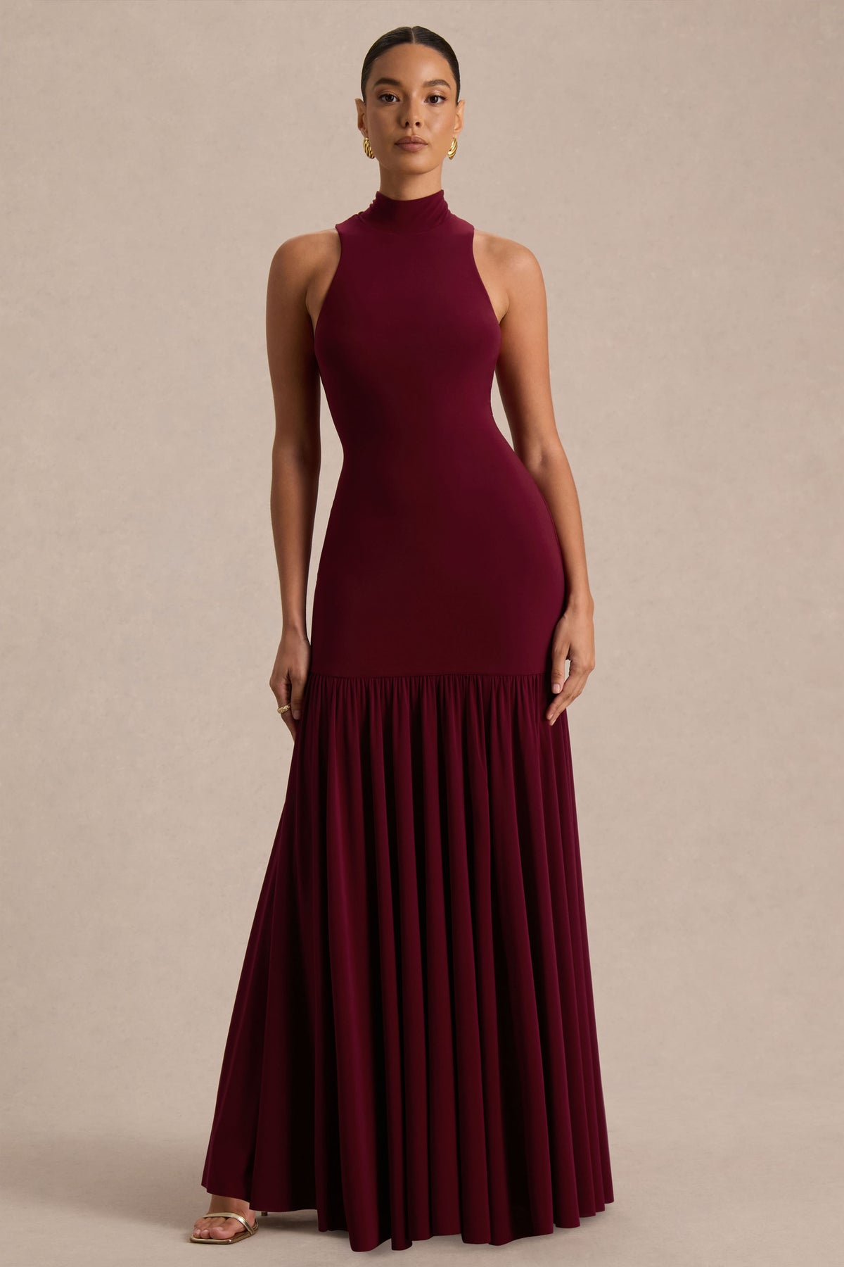 Tasmin Burgundy High-Neck Maxi Dress With Drop-Waist Club L London - USA Tasmin Burgundy High-Neck Maxi Dress With Drop-Waist Club L London - USA
