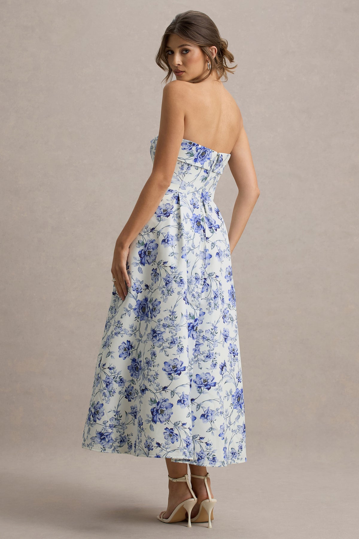 Annalise | Blue Floral Print Bandeau Skater Midi Dress