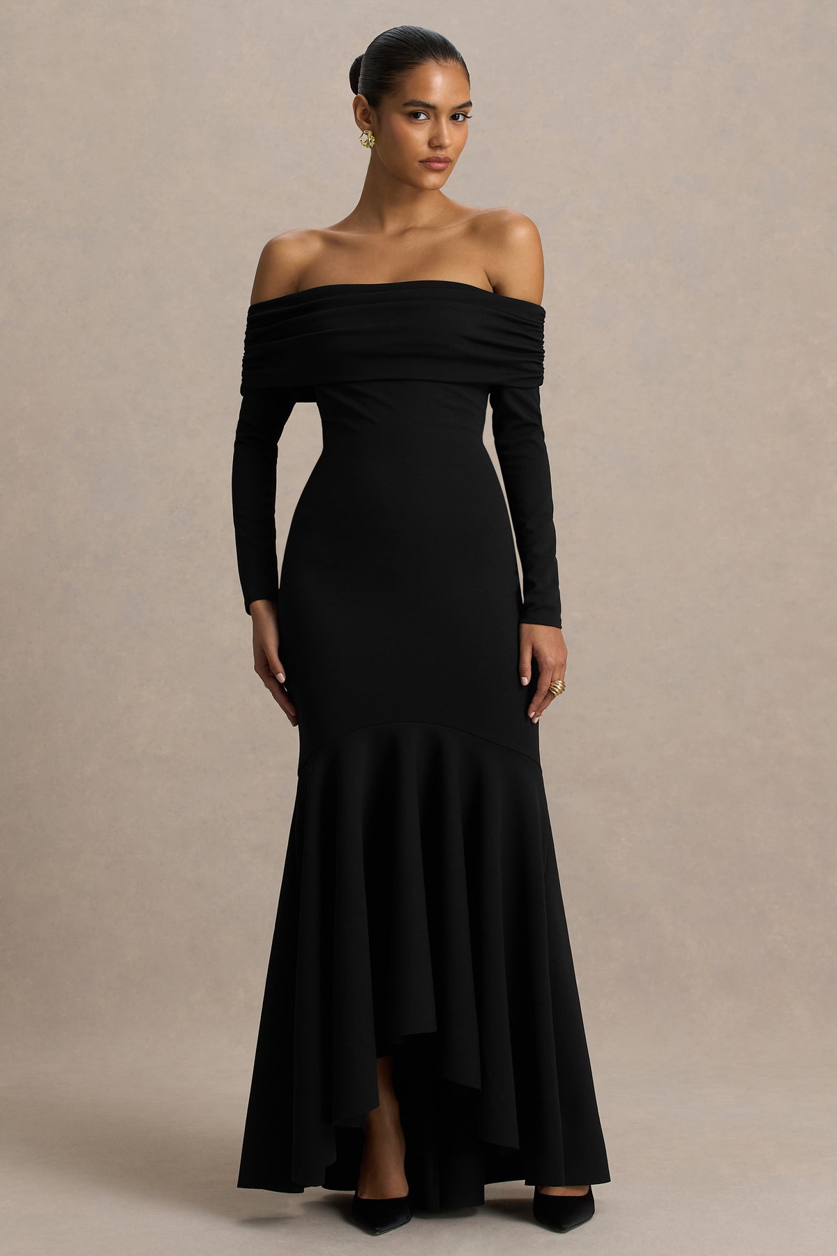 Everlasting Black Bardot-Neck Maxi Dress With Pleated Detailing Club L London - USA Everlasting Black Bardot-Neck Maxi Dress With Pleated Detailing Club L London - USA