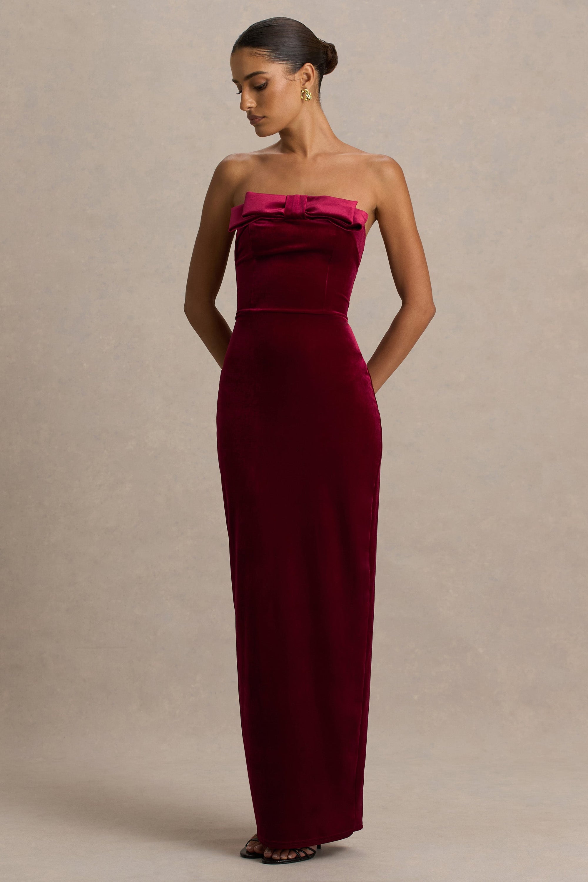 burgundy velvet maxi dress Burgundy Velvet Wrap V Neckline Dress With Organza Sleeves