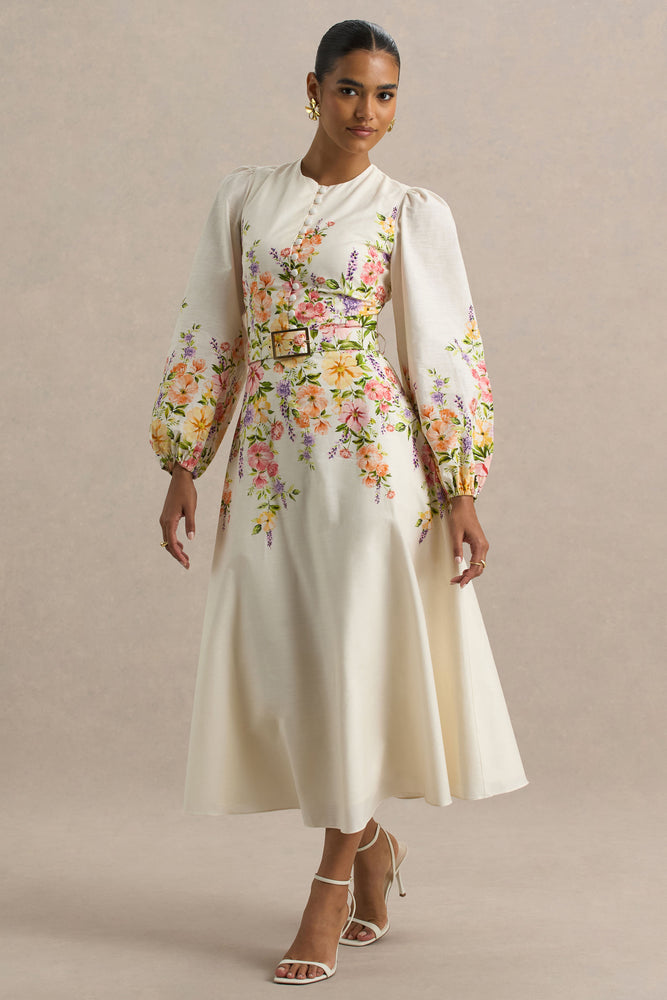 Dahlia White Floral Border Print High-Neck Midi Dress – Club L