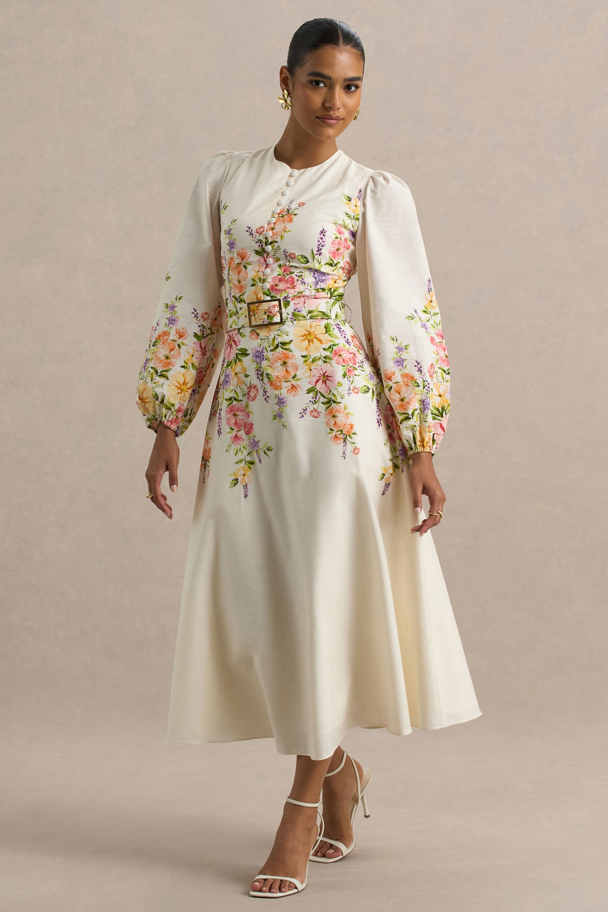 Dahlia | White Floral Border Print High-Neck Midi Dress - UK 6 Floral Border Print Dahlia | White Floral Border Print High-Neck Midi Dress - UK 6 Floral Border Print