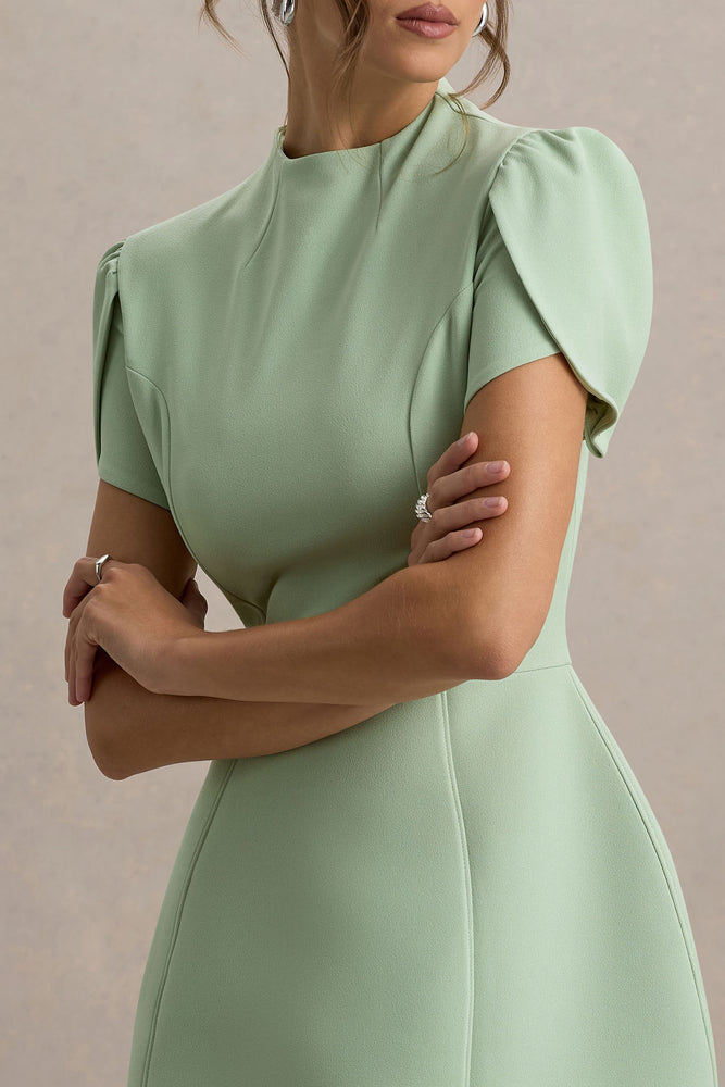 送料無料 ギフト Carabella Light Green High-Neck Short-Sleeve Mini Dress 花