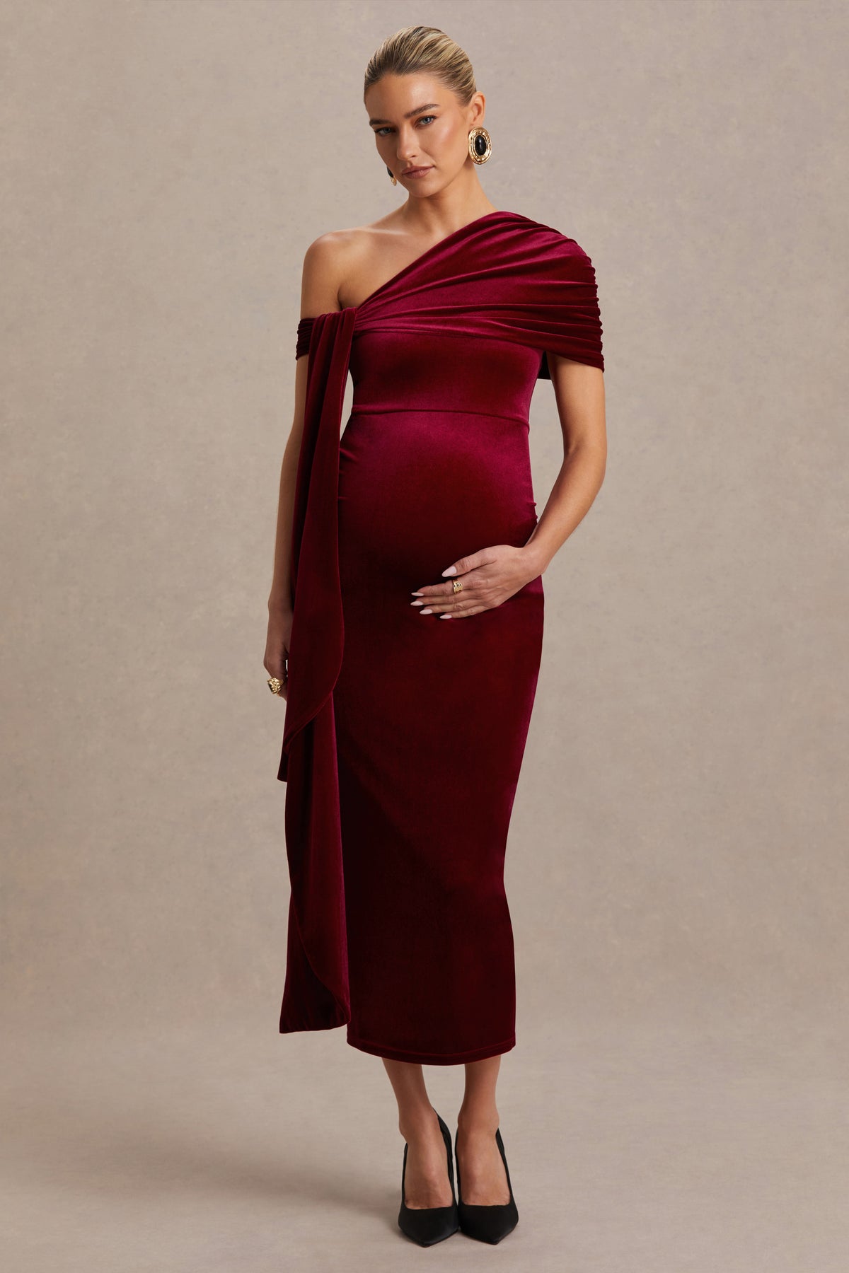 Zena | Burgundy Velvet Asymmetric-Neck Maternity Midi Dress with Knot and Sash Detail - UK 8 Burgundy Zena | Burgundy Velvet Asymmetric-Neck Maternity Midi Dress with Knot and Sash Detail - UK 8 Burgundy