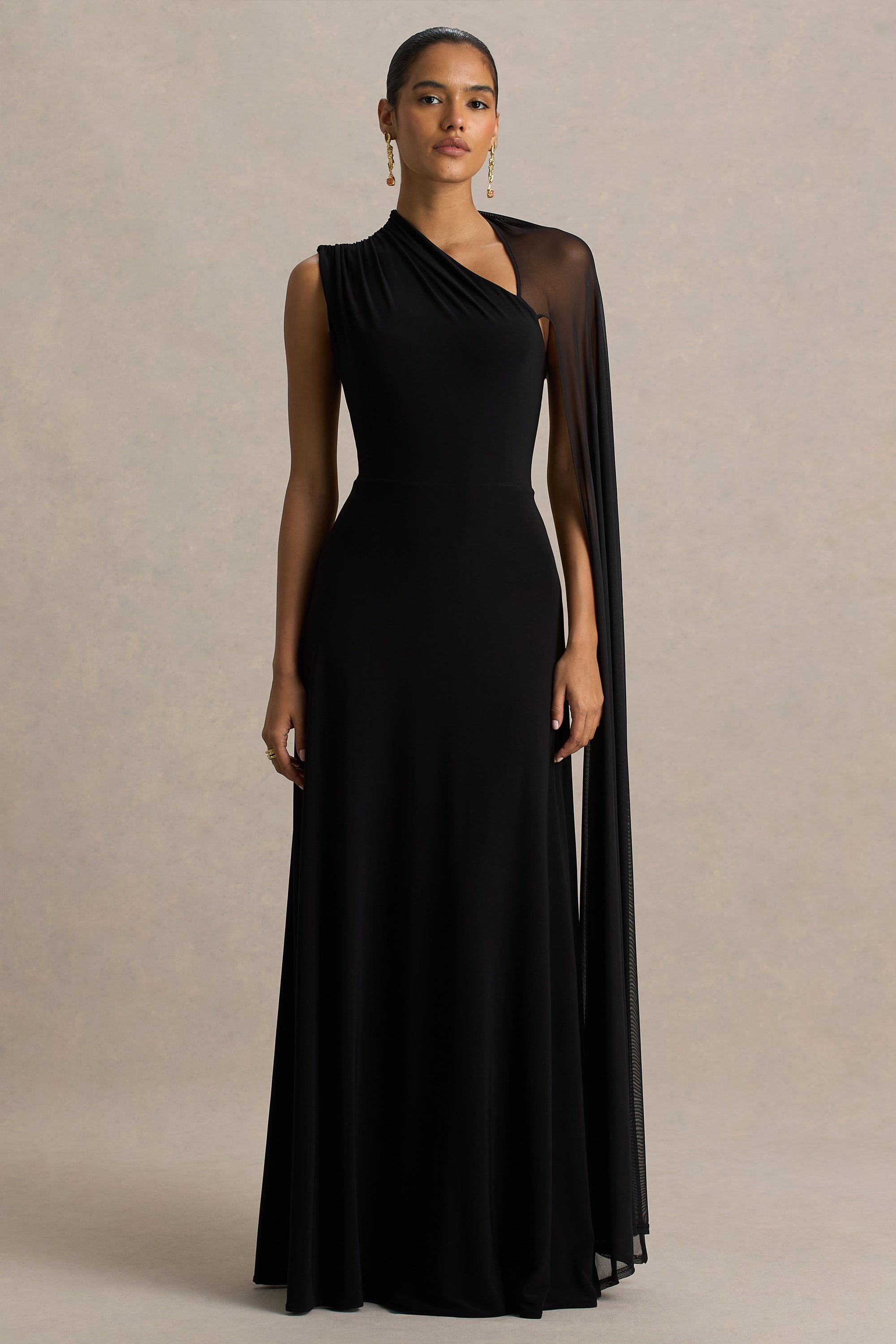 high neck cut out maxi dress Selena | Black High-Neck Maxi Dress With Cut-Out And Cape Sleeve Detail