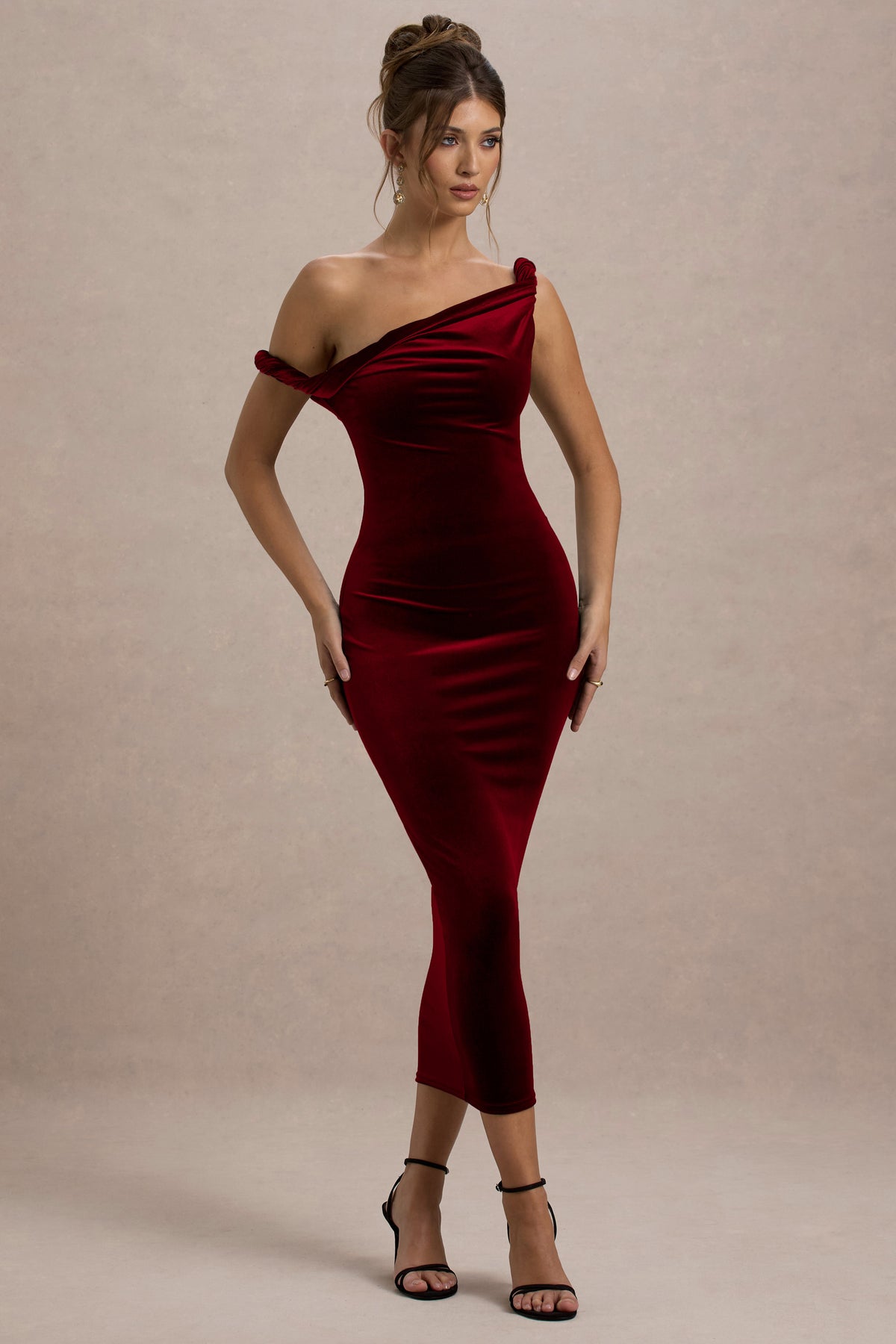 Carella Berry Velvet Twisted Asymmetric Midi Dress – Club L London Carella Berry Velvet Twisted Asymmetric Midi Dress – Club L London