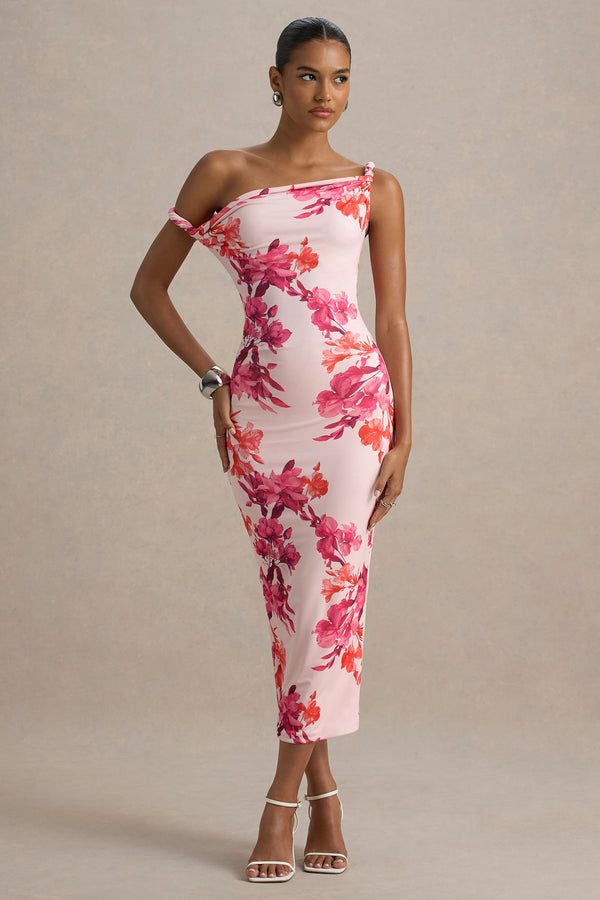 Tatian Pink and Orange Floral Print Twisted Asymmetric Midi Dress Club L London - USA Tatian Pink and Orange Floral Print Twisted Asymmetric Midi Dress Club L London - USA