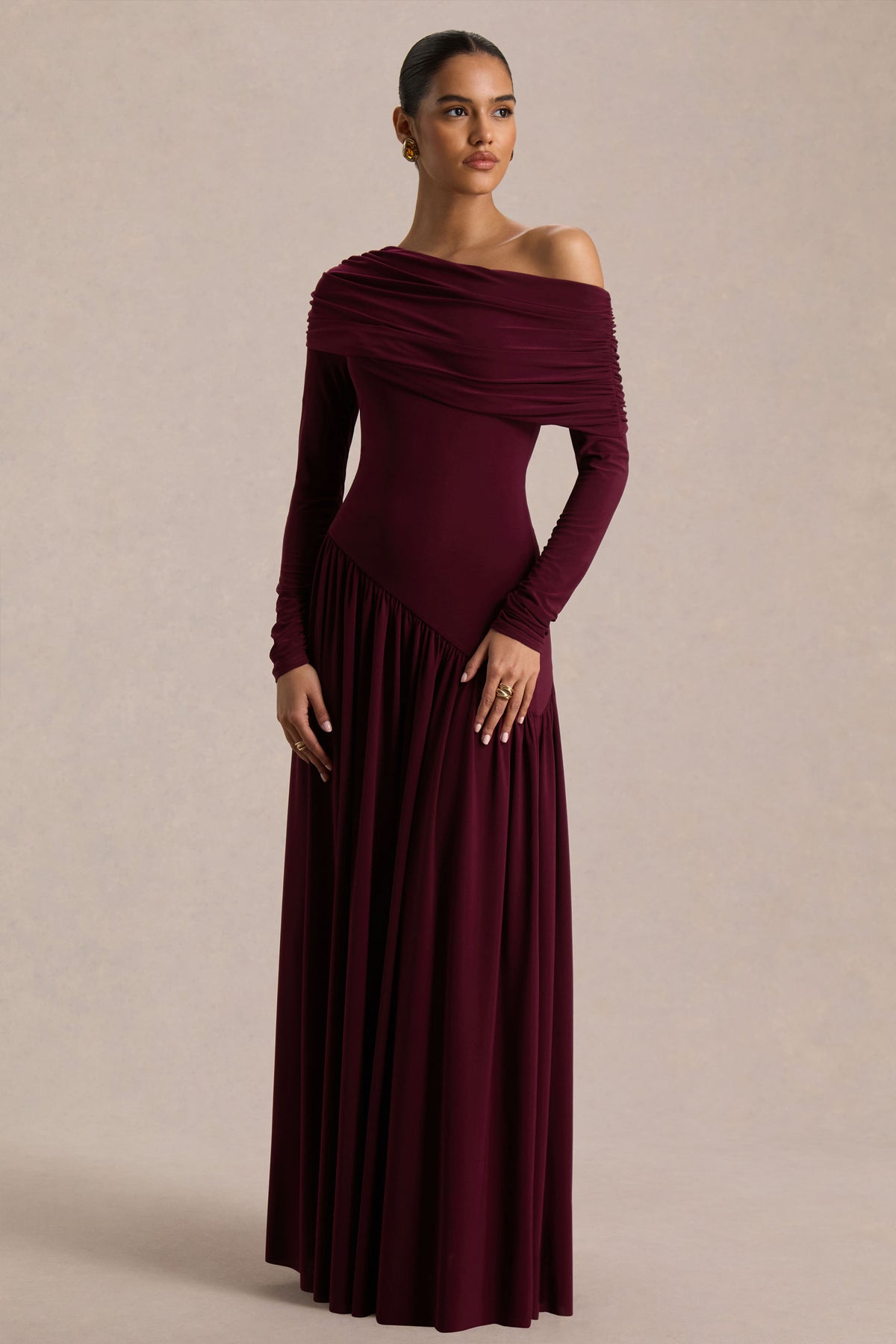 Farah | Burgundy Asymmetric-Neck Maxi Dress With Drop Waist And Ruched Detailing - UK 10 Burgundy Farah | Burgundy Asymmetric-Neck Maxi Dress With Drop Waist And Ruched Detailing - UK 10 Burgundy