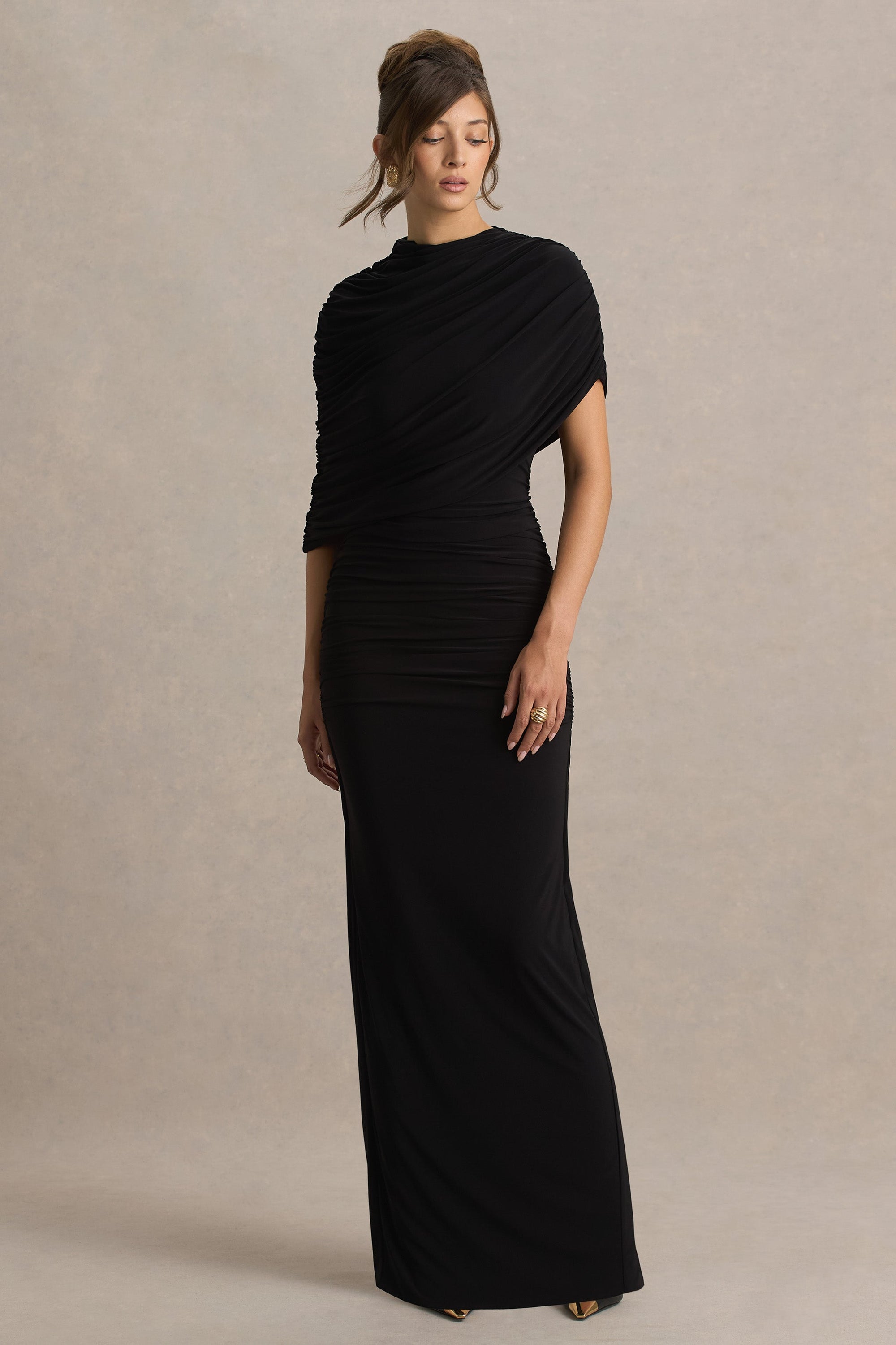 club l london black maxi dress Floria | Black Draped One-Sleeve Maxi Dress