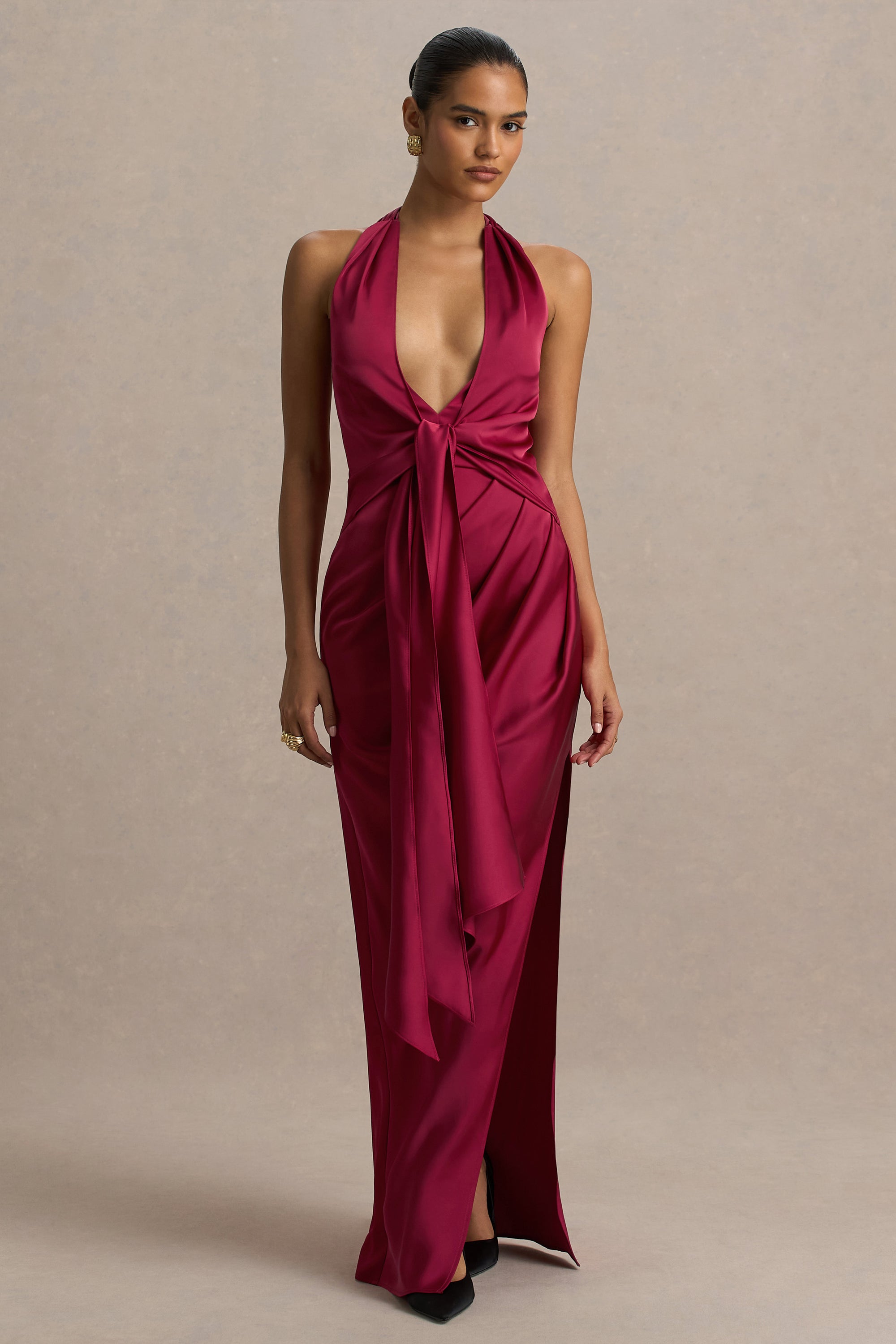 maroon silk dress Burgundy Slip With Cowl Neck, Open Tied Back evening parties Burgundy Satin Maxi Dress