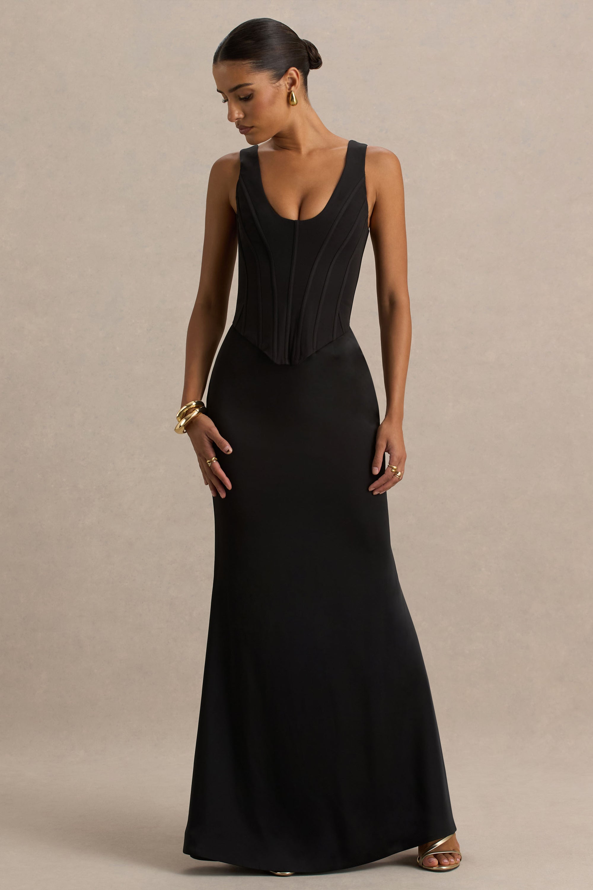 Morgan | Black Satin Corset Maxi Dress – Club L London