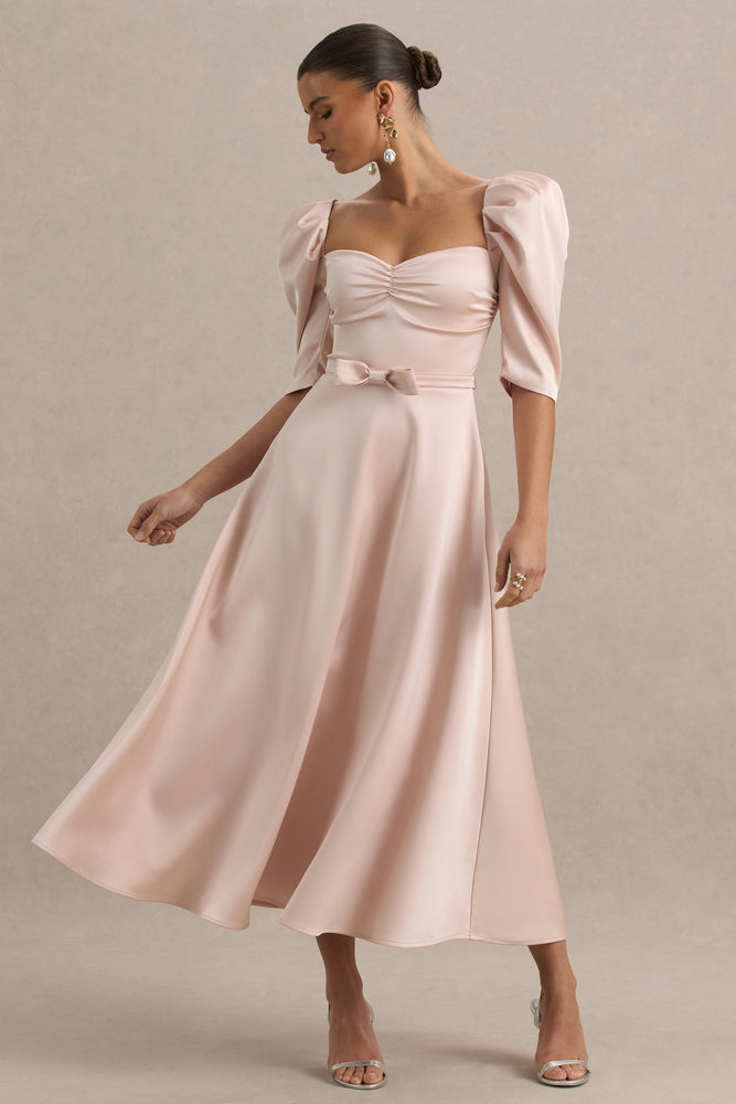 Rosey Pale Pink Satin Sweetheart Midi Dress Club L London - USA Rosey Pale Pink Satin Sweetheart Midi Dress Club L London - USA
