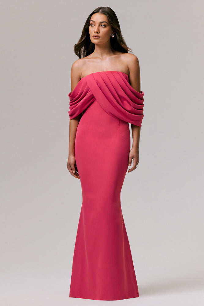 Serene | HOT PINK Draped Bardot Maxi Dress Serene | HOT PINK Draped Bardot Maxi Dress