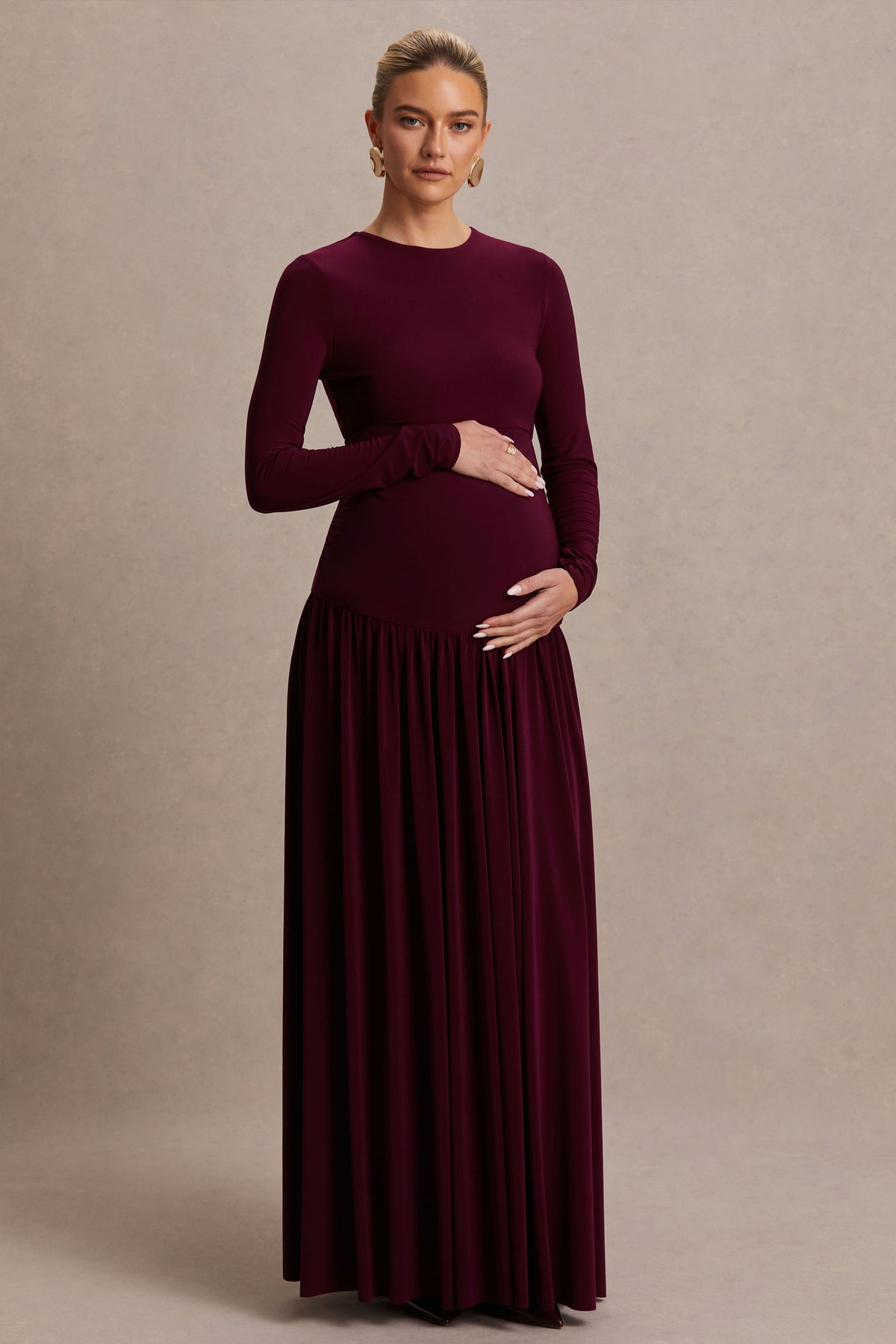 Monroe Burgundy Crew-Neck Maternity Maxi Dress With Drop-Waist Club L London - USA Monroe Burgundy Crew-Neck Maternity Maxi Dress With Drop-Waist Club L London - USA