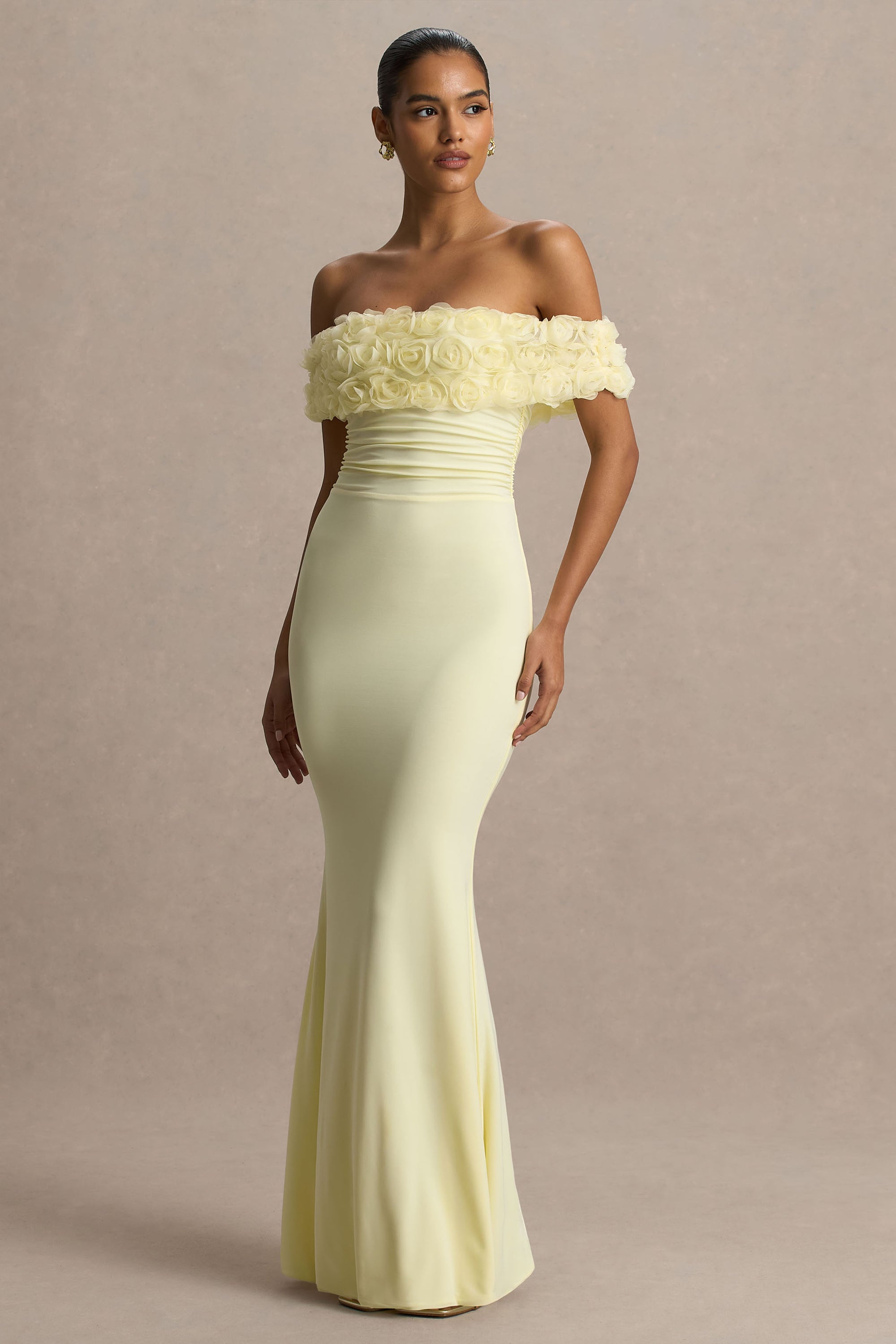 Pastille | Lemon Floral Bardot Maxi Dress With Ruched Detailing – Club L London