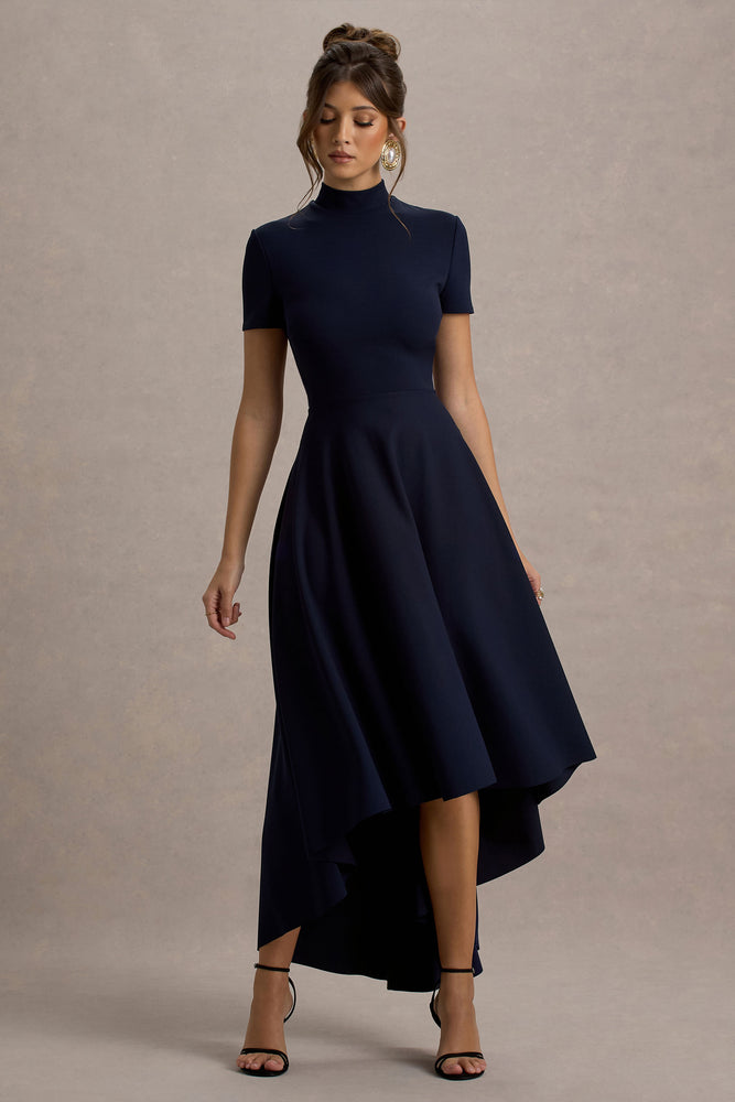 Bellona | NAVY High-Neck High-Low Midi Dress - UK 6 NAVY Bellona | NAVY High-Neck High-Low Midi Dress - UK 6 NAVY