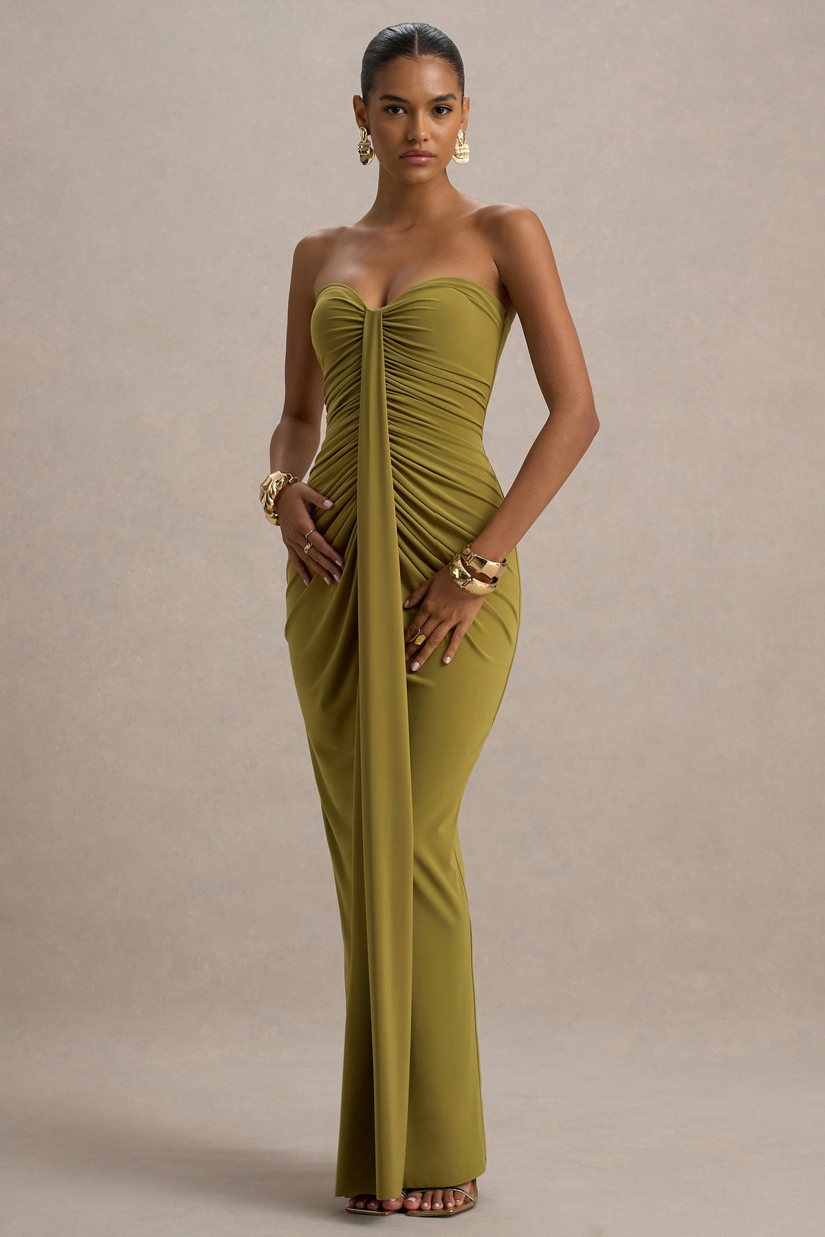 Ali | Olive Sweetheart Ruched Wrap Maxi Dress
