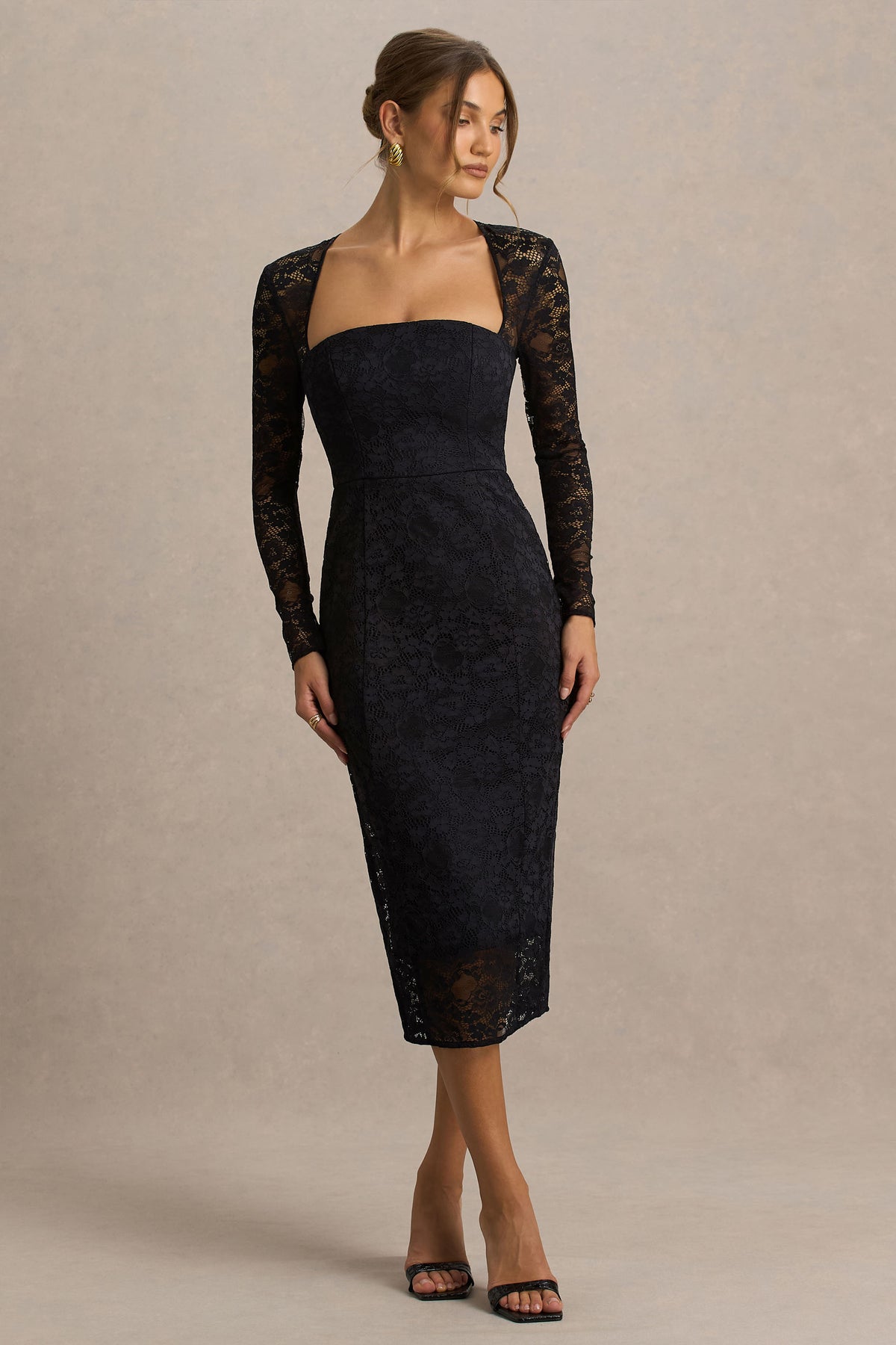 Alissa Black Lace Square-Neck Midi Dress Club L London - USA Alissa Black Lace Square-Neck Midi Dress Club L London - USA