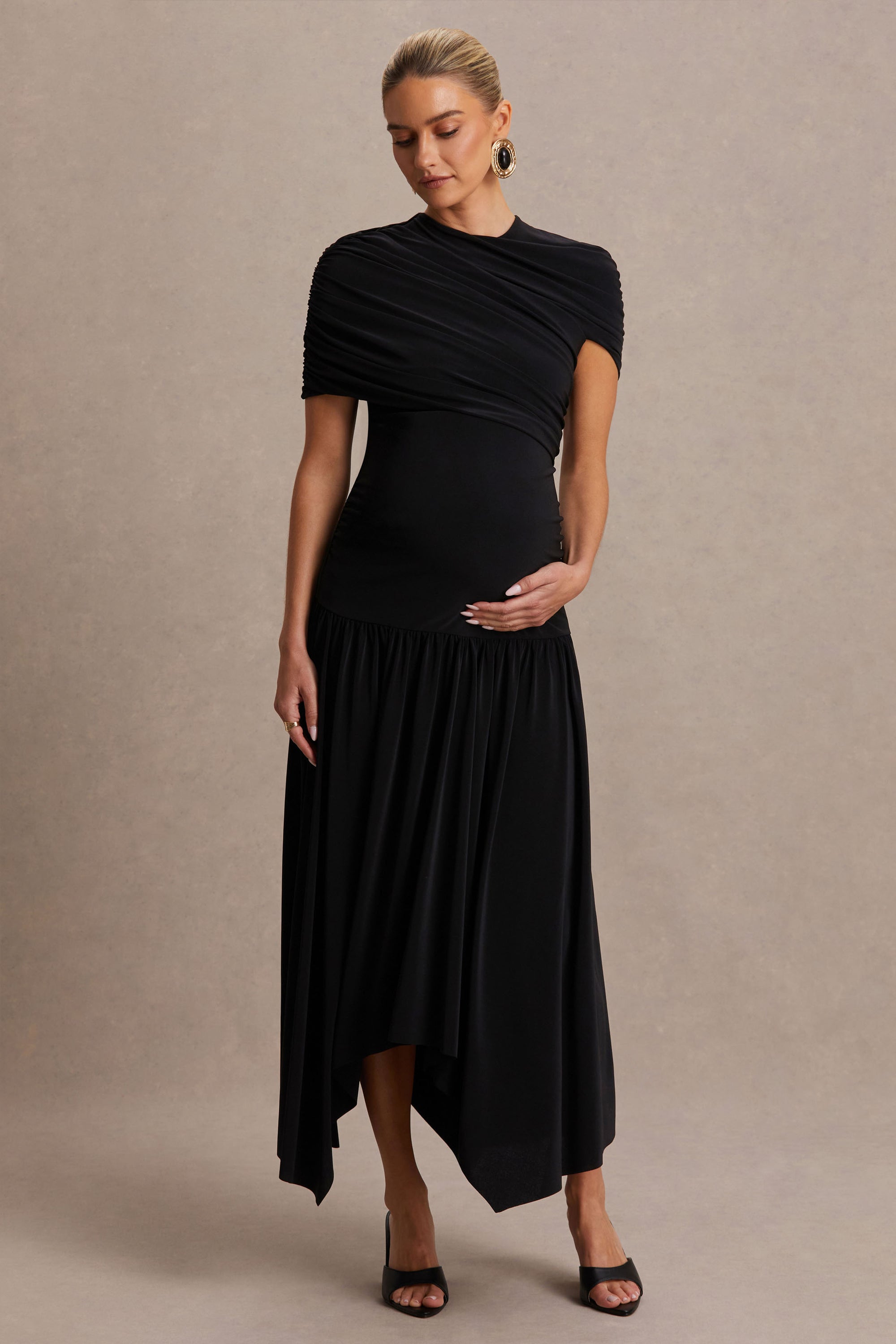 Eleni | Black Crew-Neck Maxi Dress With Cape-Sleeves And Drop Waist
