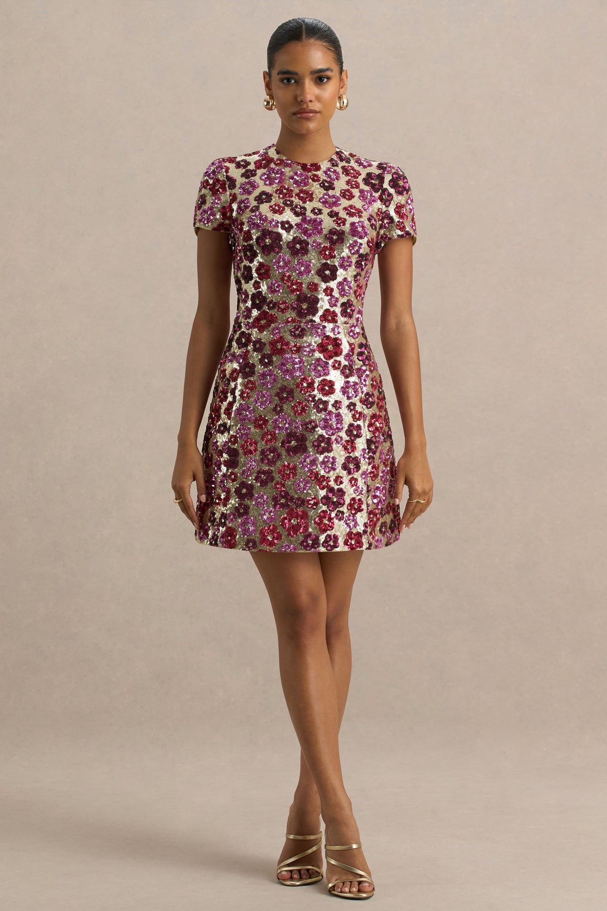 Eira Pink Floral Embellished Sequin Crew-Neck Mini Dress Club L London - USA Eira Pink Floral Embellished Sequin Crew-Neck Mini Dress Club L London - USA
