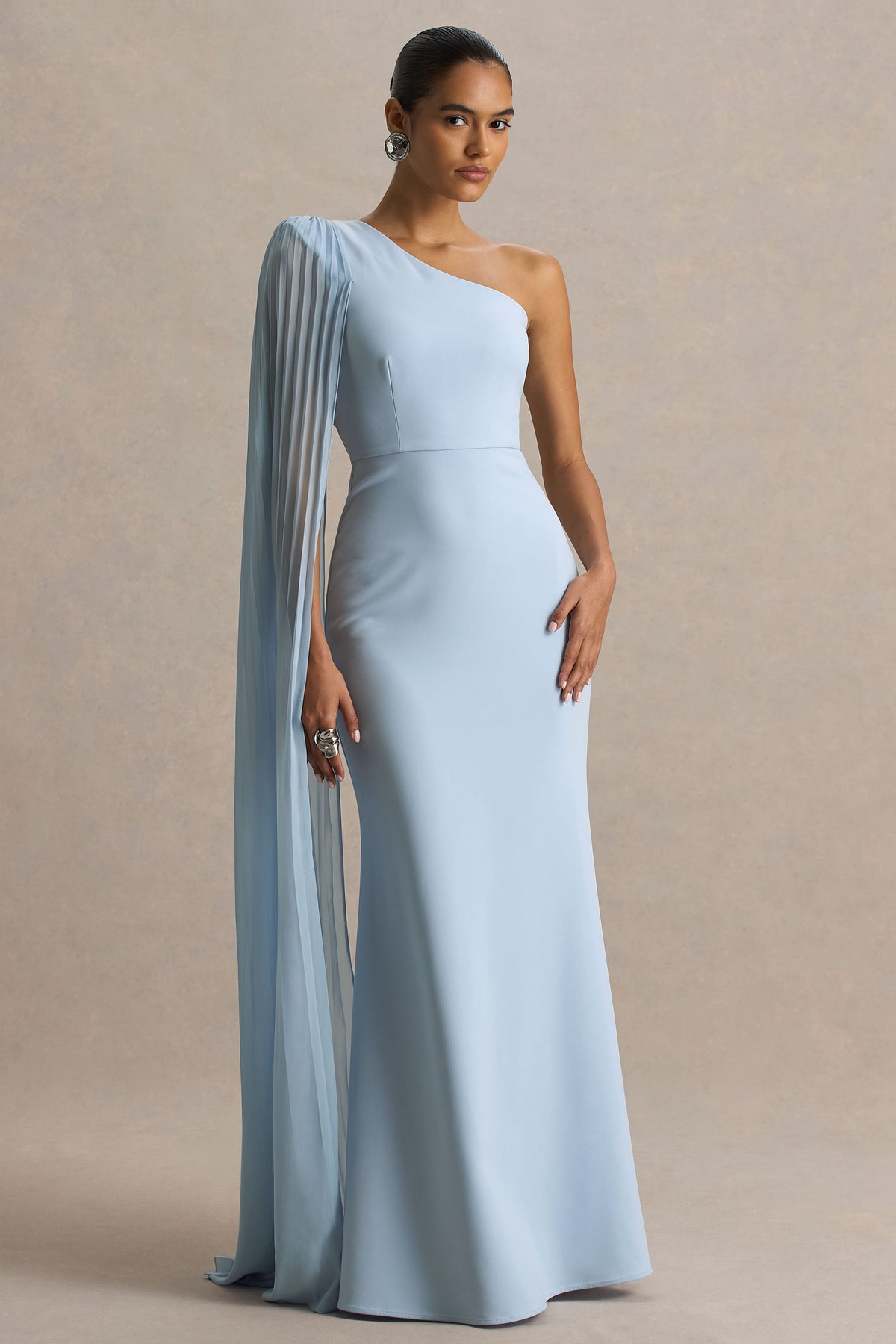 Athens Powder Blue Asymmetric-Neck Maxi Dress With Cape Sleeve Detai Club L London - USA Athens Powder Blue Asymmetric-Neck Maxi Dress With Cape Sleeve Detai Club L London - USA