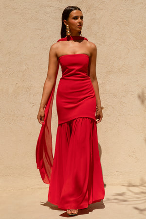 Kylie | Red High-Neck Maxi Dress With Chiffon Skirt – Club L London