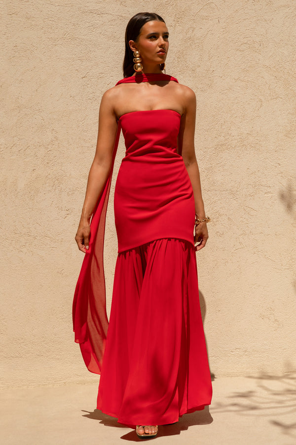 Kylie | RED High-Neck Maxi Dress With Chiffon Skirt - UK 8 RED Kylie | RED High-Neck Maxi Dress With Chiffon Skirt - UK 8 RED