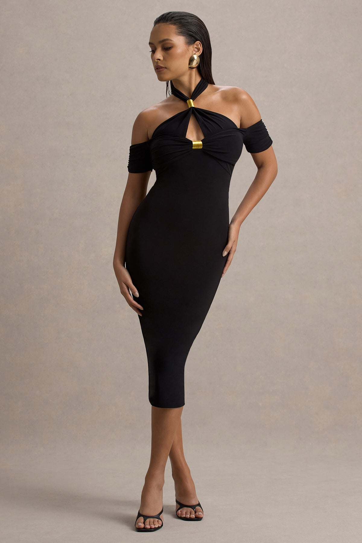 Selvina | Black Cut-Out Halter-Neck Midi Dress