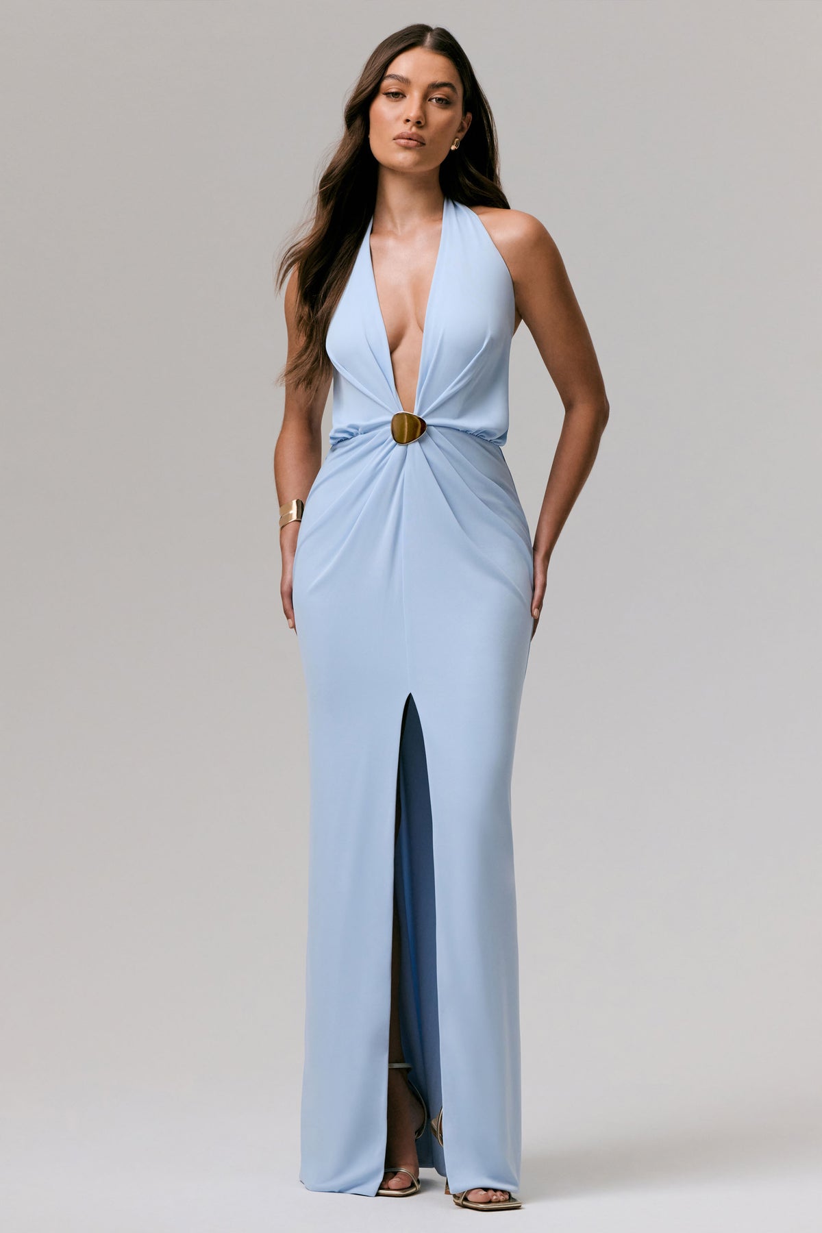 Shooting Star Powder Blue Plunge-Neck Wrap Maxi Dress With Waist Det Club L London - USA Shooting Star Powder Blue Plunge-Neck Wrap Maxi Dress With Waist Det Club L London - USA