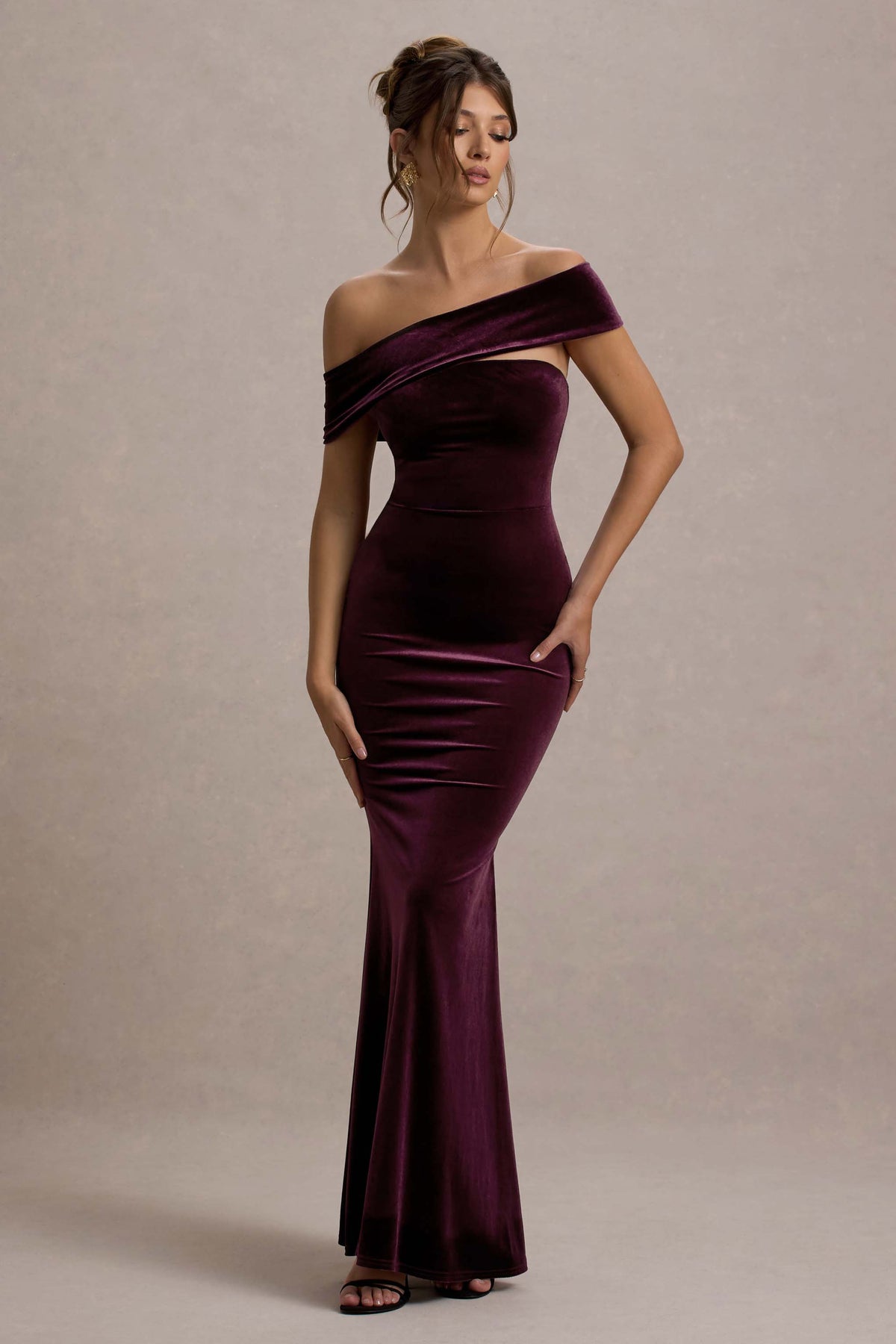 Candela Port Velvet Asymmetric Bardot Maxi Dress Club L London - USA Candela Port Velvet Asymmetric Bardot Maxi Dress Club L London - USA