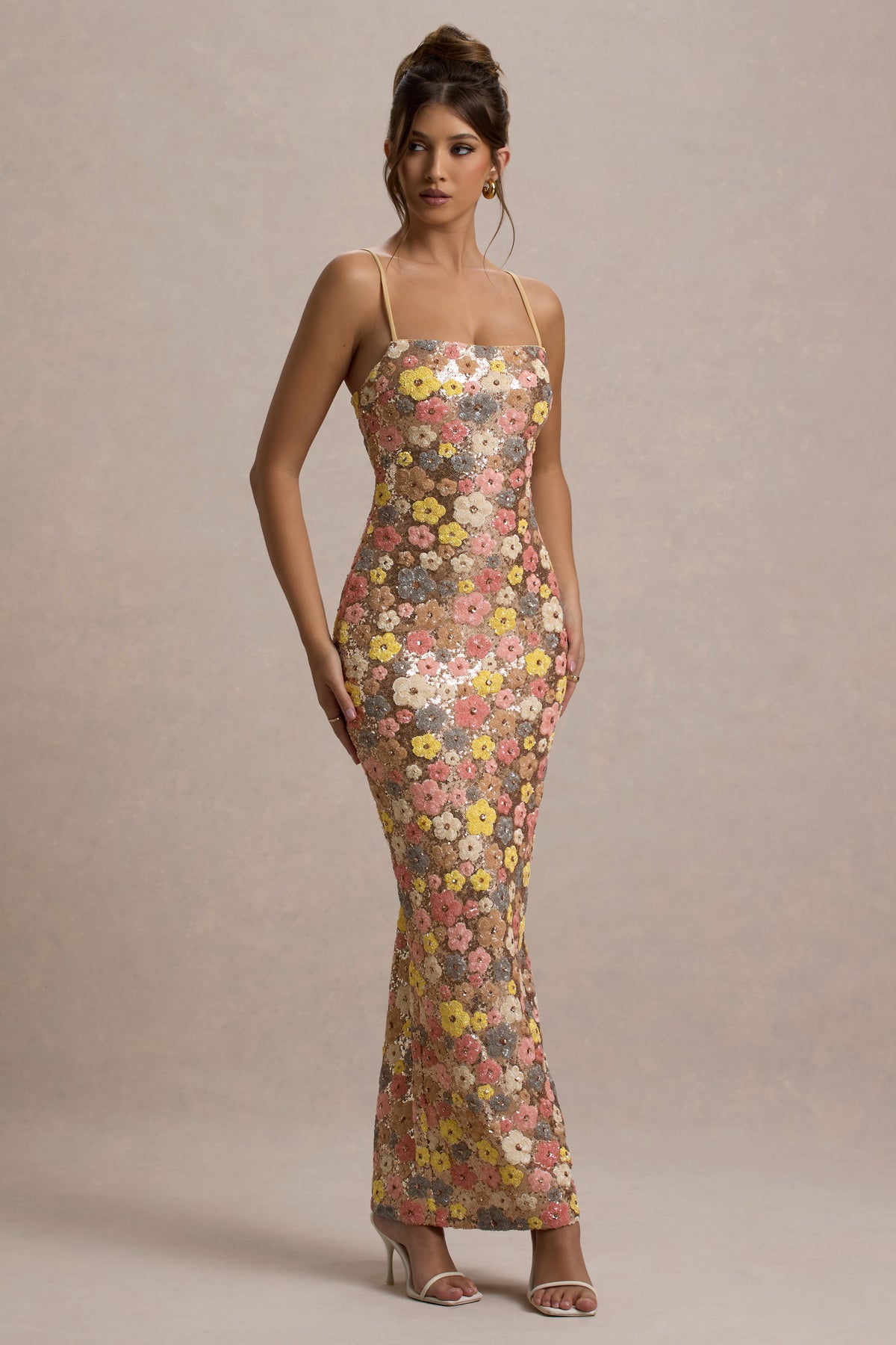 spaghetti strap dress floral Vitora | Pastel Floral Print Embellished Sequin Square-Neck Maxi Dress