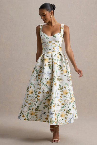 Rosemary Floral Print Sweetheart Midi Dress With Drop Waist – Club L London 