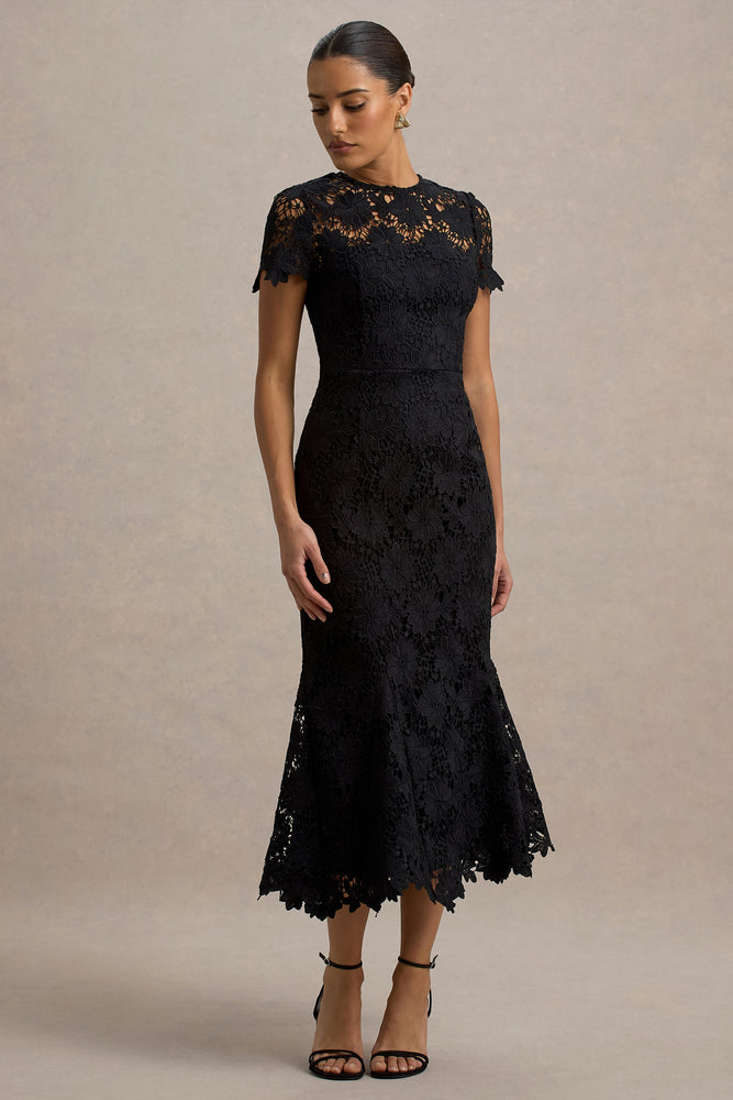 Clarissa | Black Lace Short-Sleeve Midi Dress - UK 6 Black Clarissa | Black Lace Short-Sleeve Midi Dress - UK 6 Black