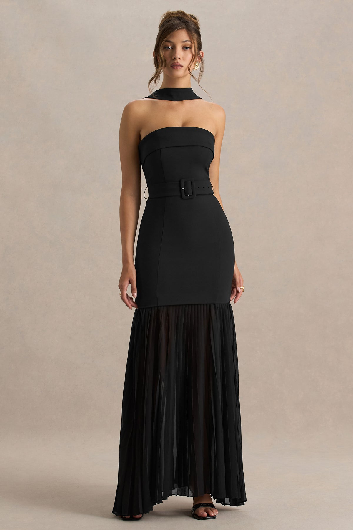 Jaquetta | Black Belted Maxi Dress With Pleated Chiffon Skirt - UK 12 Black Jaquetta | Black Belted Maxi Dress With Pleated Chiffon Skirt - UK 12 Black