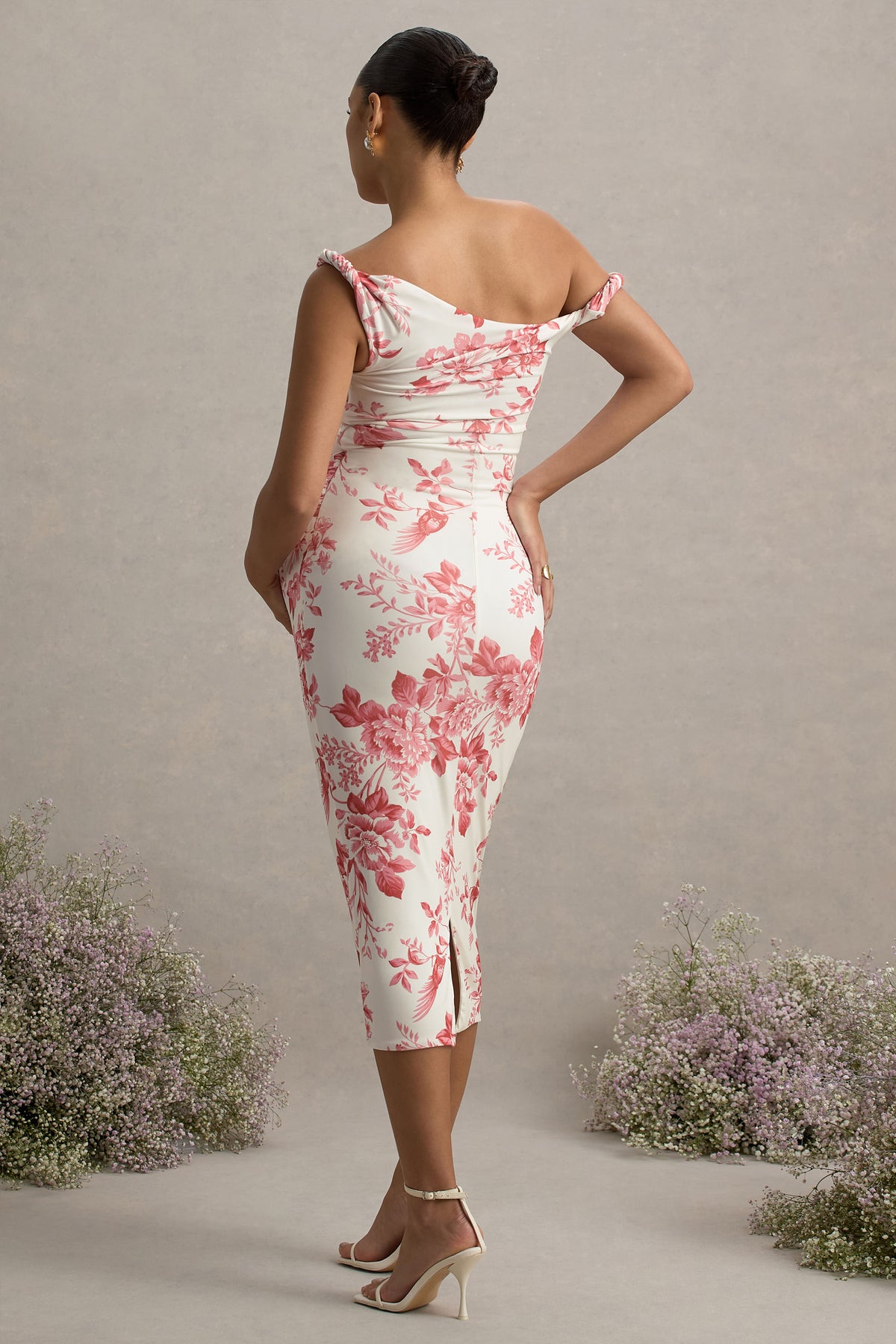Salome Pink Floral Print Twisted Asymmetric Maternity Midi Dress Club L London - USA Salome Pink Floral Print Twisted Asymmetric Maternity Midi Dress Club L London - USA