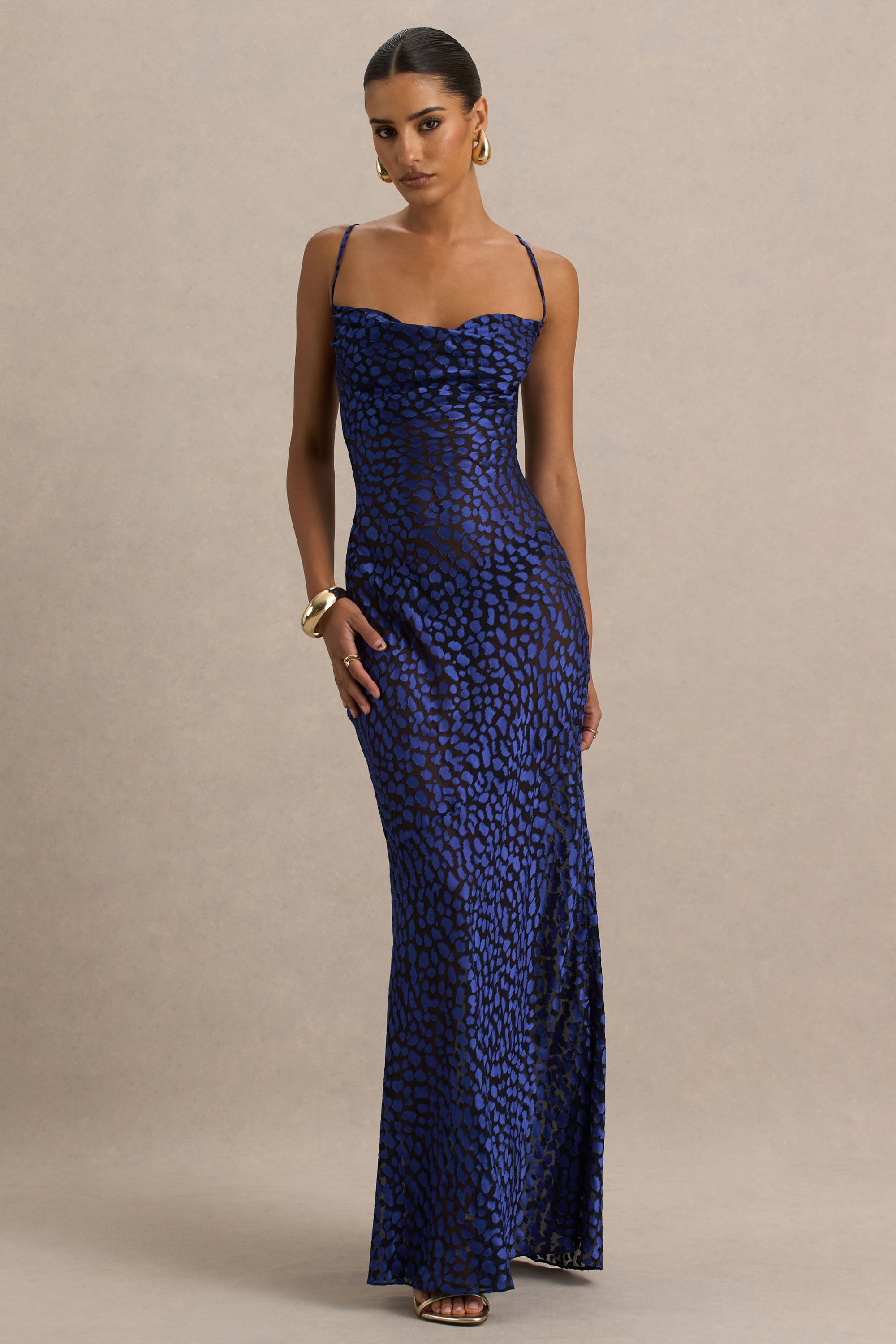 Marya | Blue Leopard Print Cowl-Neck Slip-Maxi Dress – Club L London
