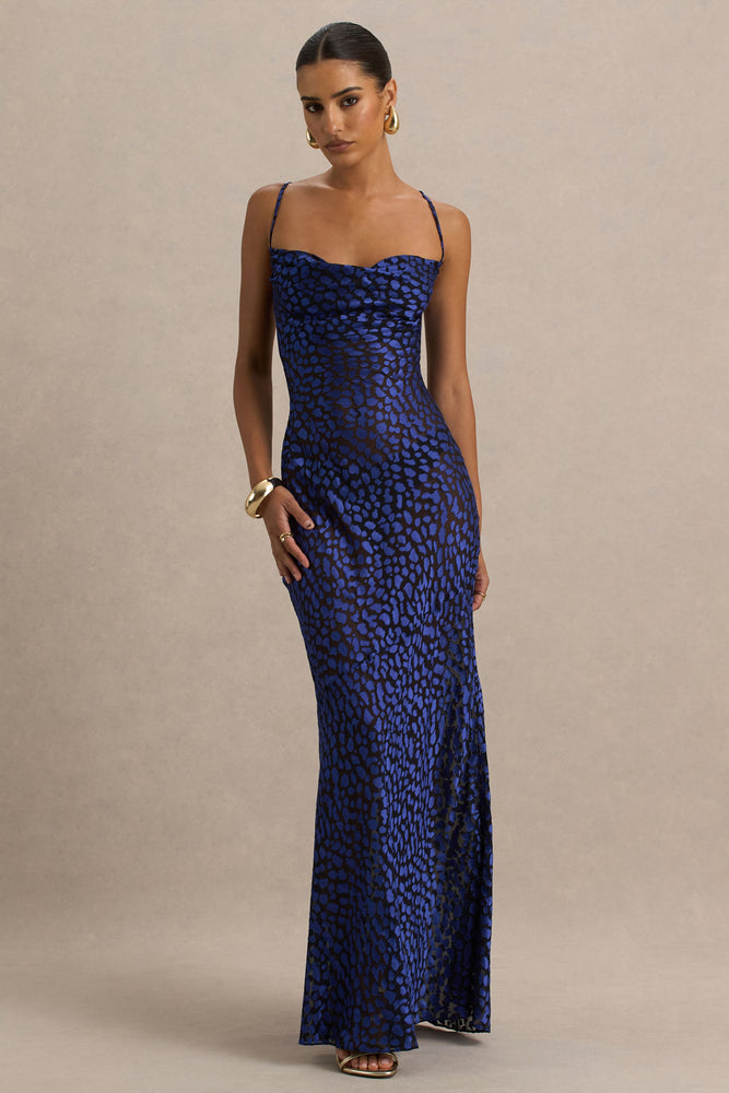 Marya | BLUE Leopard Print Cowl-Neck Slip-Maxi Dress - UK 8 BLUE Leopard Print