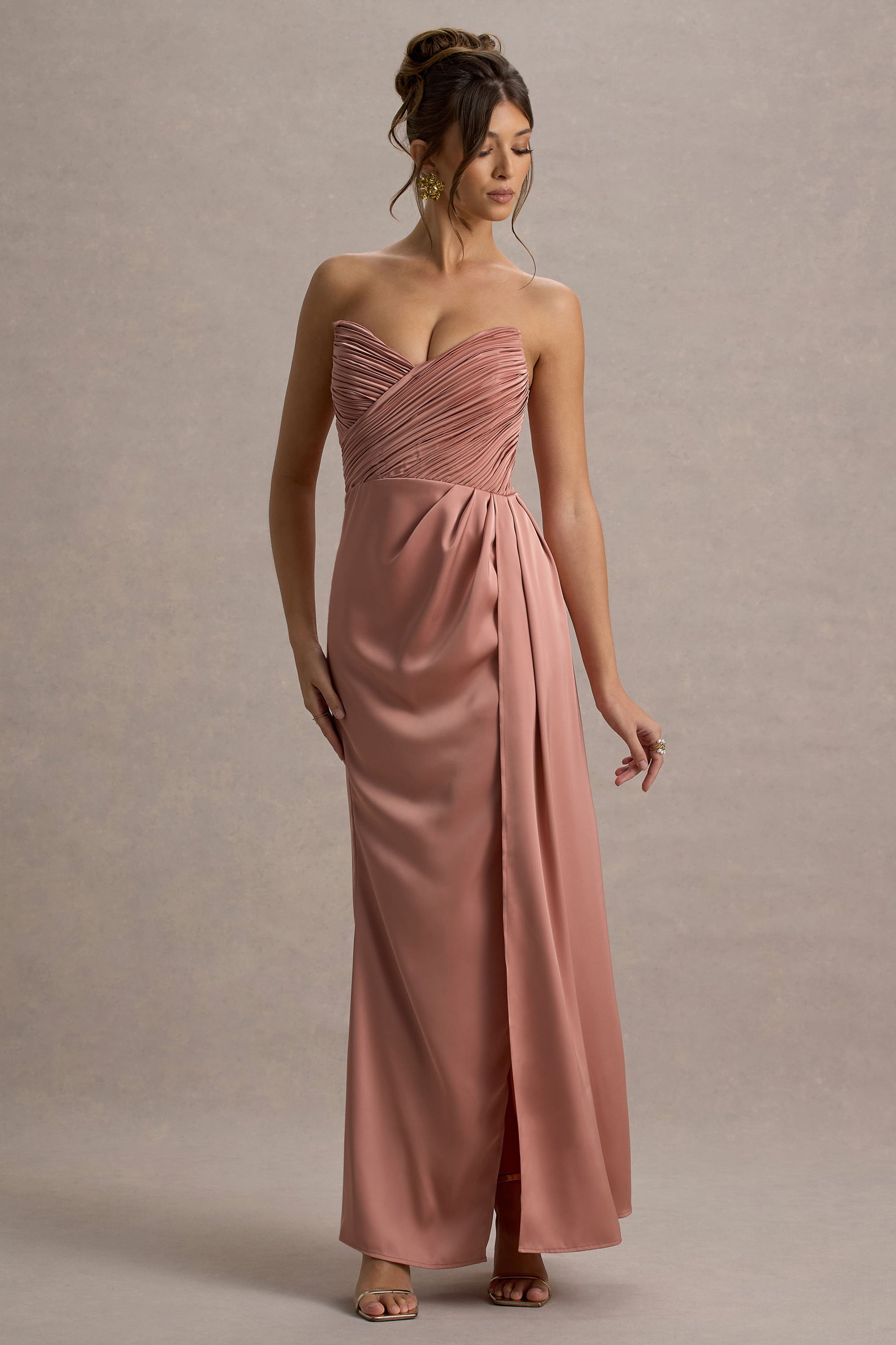 Edel | Pink Satin Strapless Maxi Dress With Drape – Club L London