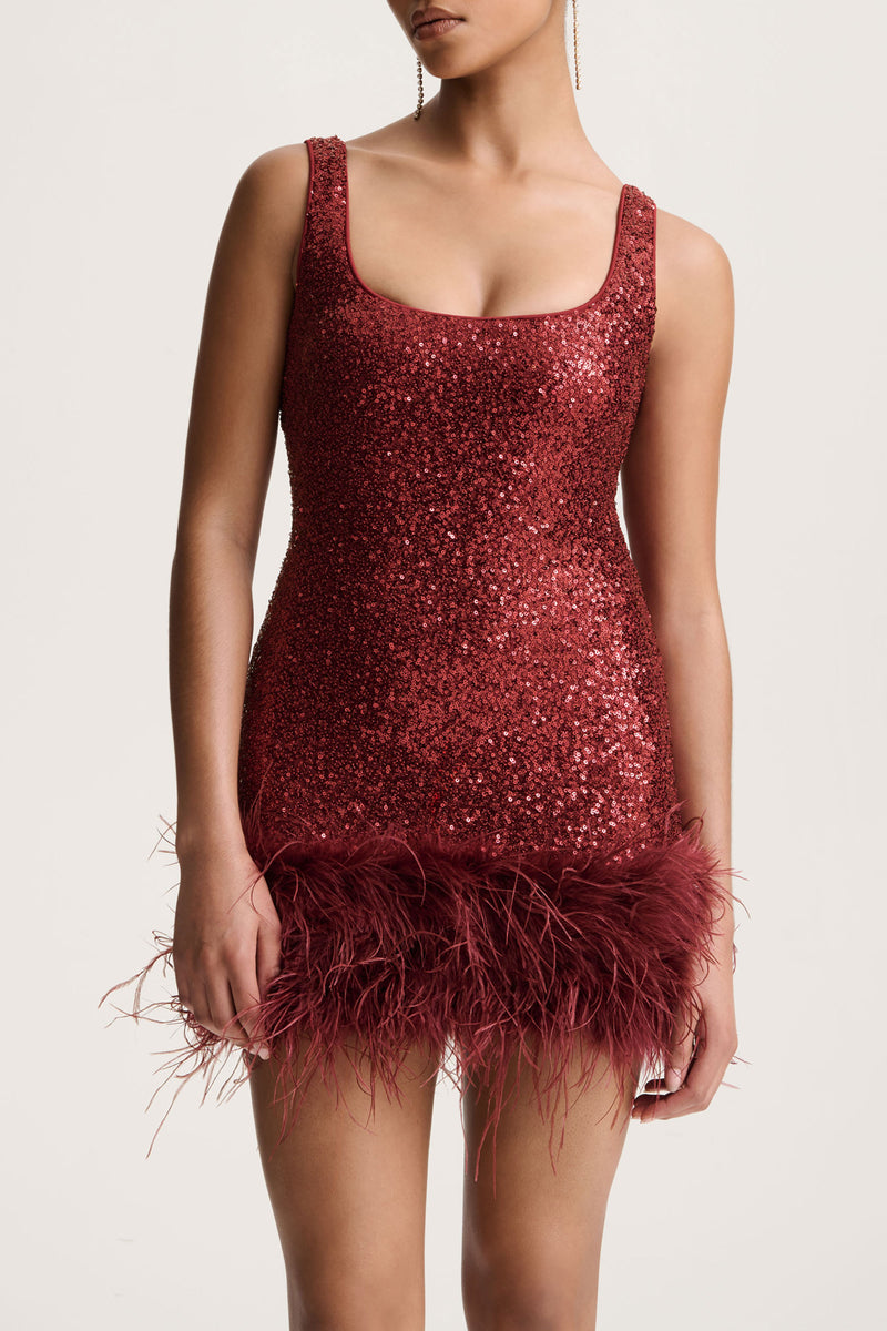 Rosalinda Burgundy Sequin Square-Neck Mini Dress With Feather Trim – Club L  London