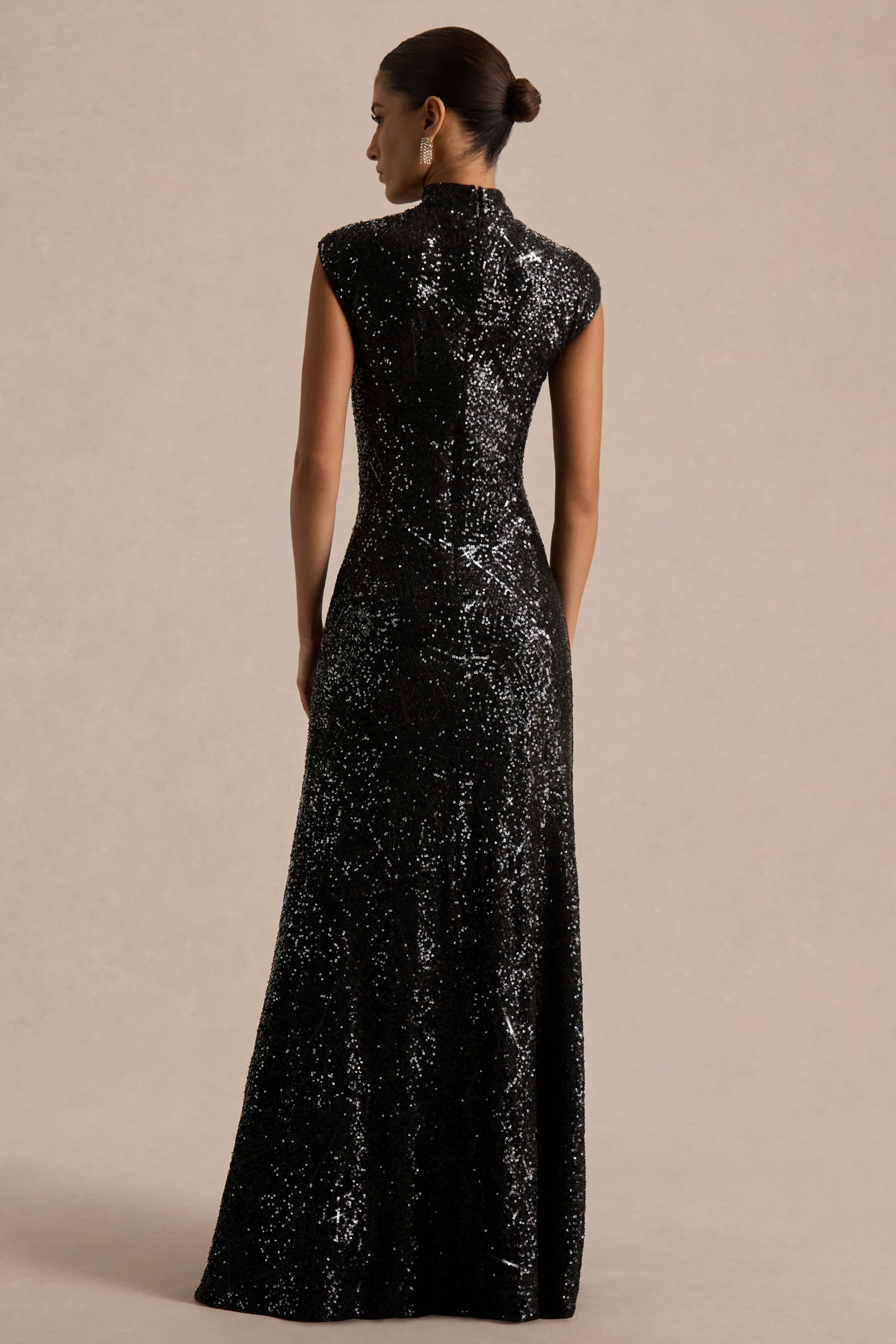 good american sequin maxi dress Good American Sequin Funnel Maxi Dress in Gunmetal001
